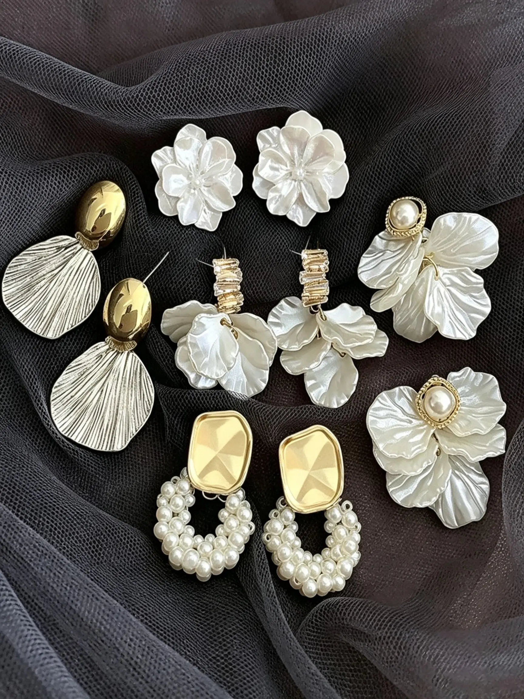 5 Pairs Shell Flower Imitation Pearl Dangle Earrings Set, Baroque Shell Flower Pendant Earrings, Elegant Wedding Beach Accessories, Faux Pearl Jewelry
