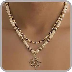 Puka Shell Necklace for Men - Surfer Wooden Beaded Coconut Shell Beach Jewelry - Hawaiian Summer Accessory.