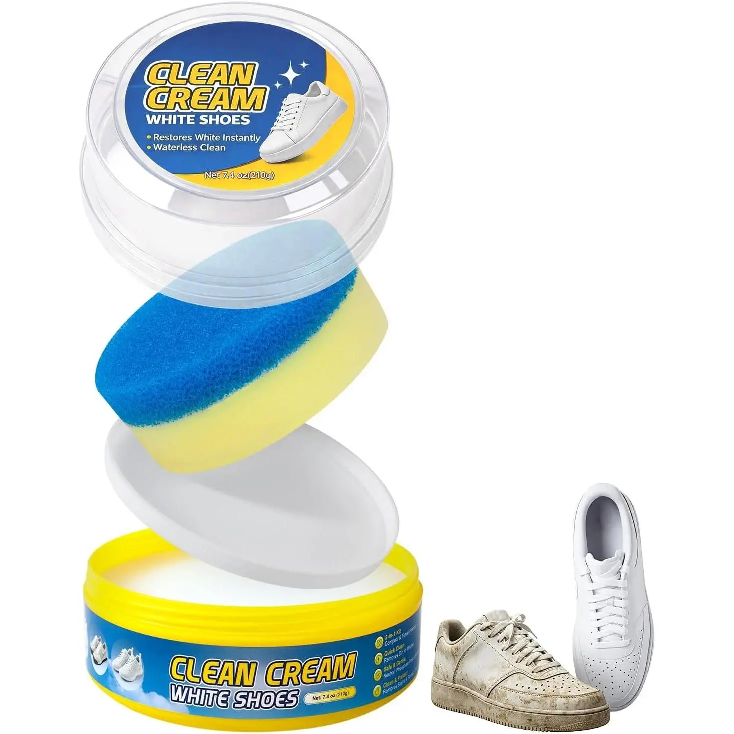 White Shoes Clean Cream, 210g Shoe Cleaner Kit with -Clean Sponge | No-Wash,  Stain Removal for White Shoes, Leather, Canvas, Rubber Soles