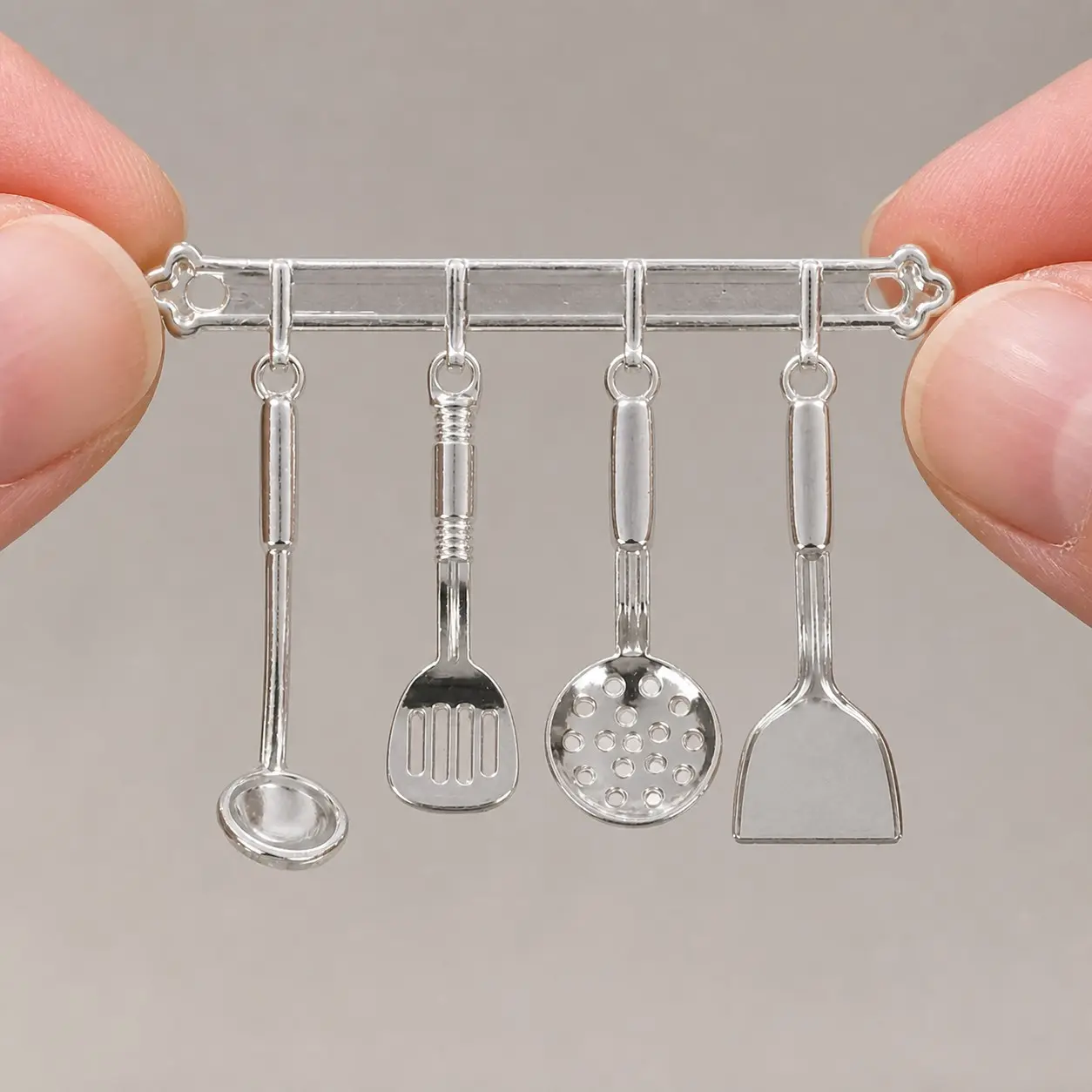Miniature Dollhouse Kitchen Utensil Wall Rack 5-Piece Set, Gold or Silver Option Sold Separately, Spatula Skimmer Ladle Kitchen Accessory