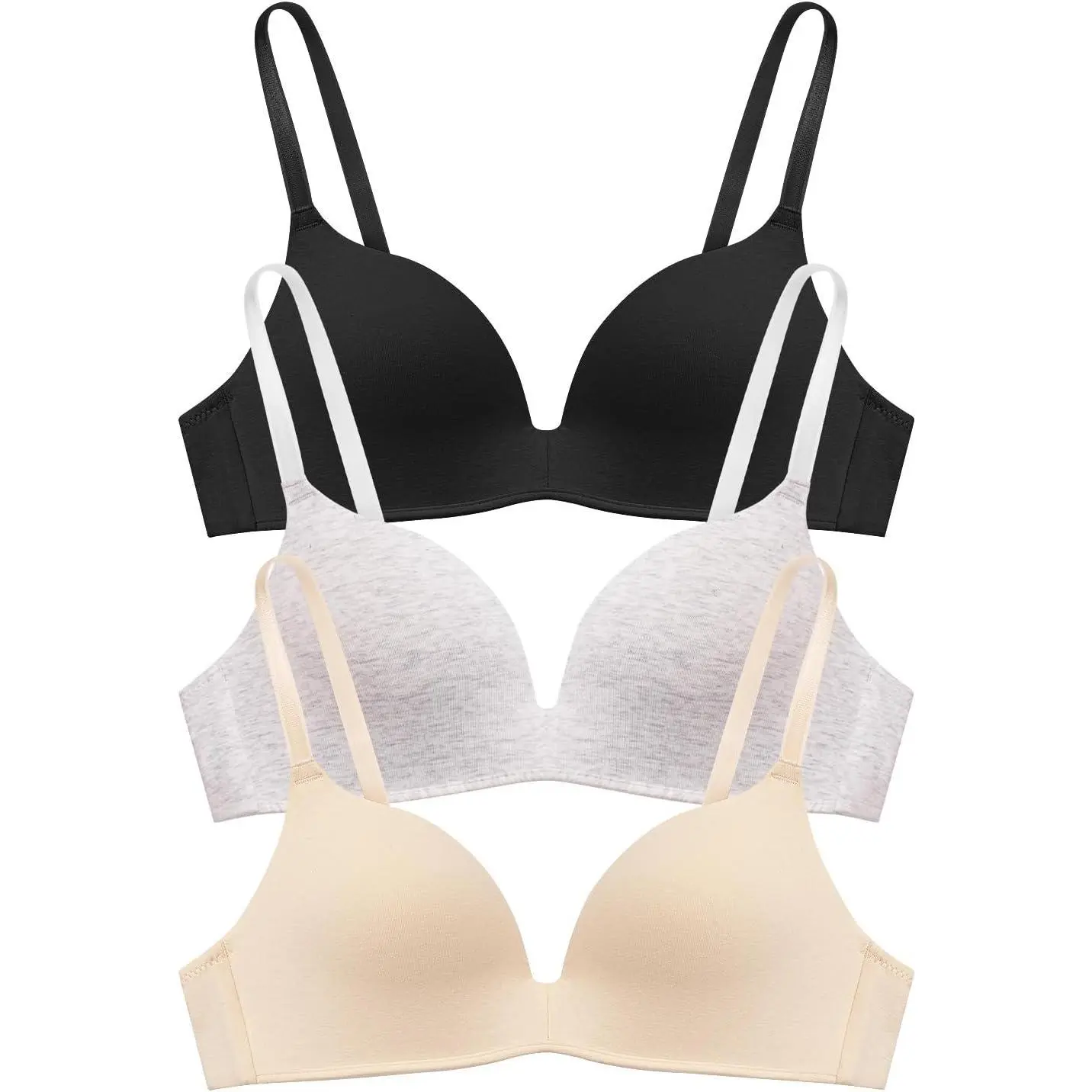 Women's Basic Minimalist 3-Piece No Underwire Wireless Bras, Lightly Lined Comfy V-Neck T-Shirt Bras (30A, Elastane Fabric, Hand Wash Recommended), Comfy Fit, Polyester, Lightweight, Wirefree, Racerback, Solid Plain, Plunge, Adjustable Wireless Bra, Bras