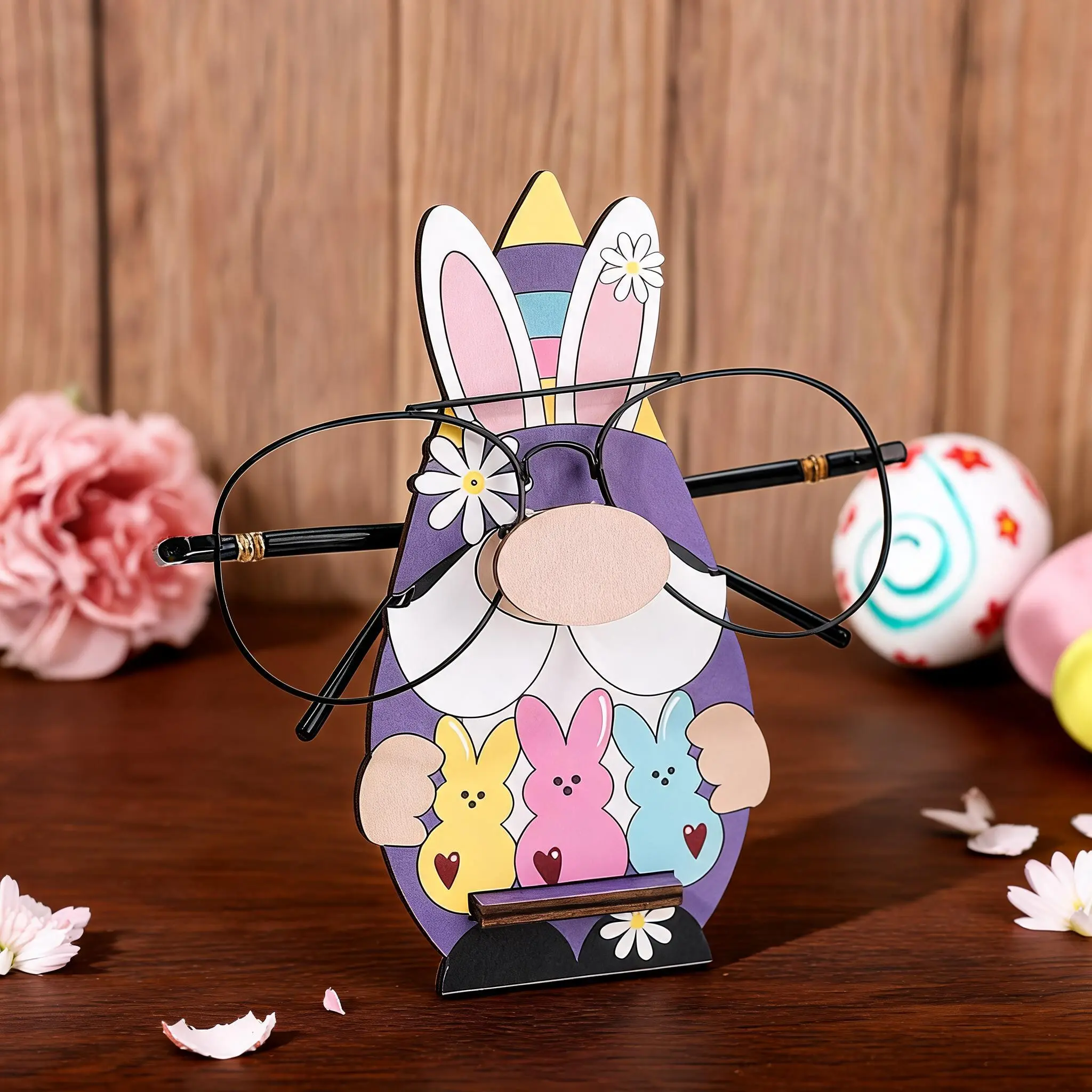 Wooden Easter Eyeglass Stand & Fashion Glasses Organizer, Cute Gnome Pot & Rabbit Butterfly Egg Display Rack, Spring Desktop Decoration