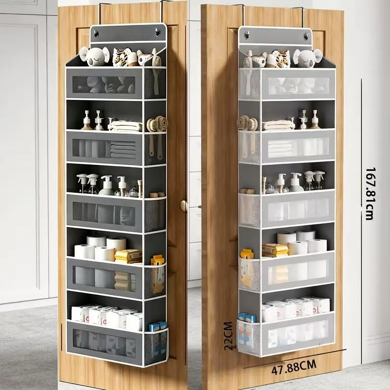 1 × 5-Tier No-Drill Over-The-Door Organizer with 2 × Heavy-Duty Metal Hooks, 600D Oxford Fabric Storage Bag for Storage Organization (15 Inches Width, 44 lbs Capacity) – Ideal for Dormitory Cosmetics, Towels, 1 × 5-Tier Over-Door Hanging Organizer