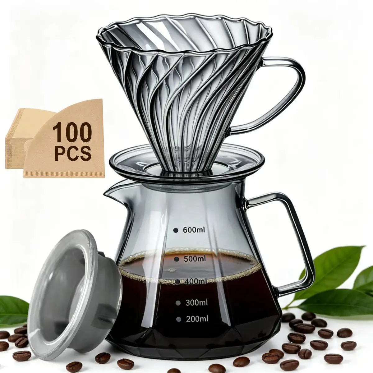 Pour over Coffee Maker with 100pcs Paper Filter, Glass 1-4 Cup Dripper, Borosilicate Carafe with Lid, 13.5/20oz for Home Café Restaurant Camping
