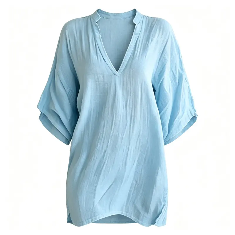 Women's Plain Crinkled Fabric 2-in-1 Tunic Shirt-Mini Dress, Split V-Neck Half Sleeve Boho Oversized Loose Beach Cover Up for Vacation Resort Wear, 2-In-1 Wear, Batwing Sleeve