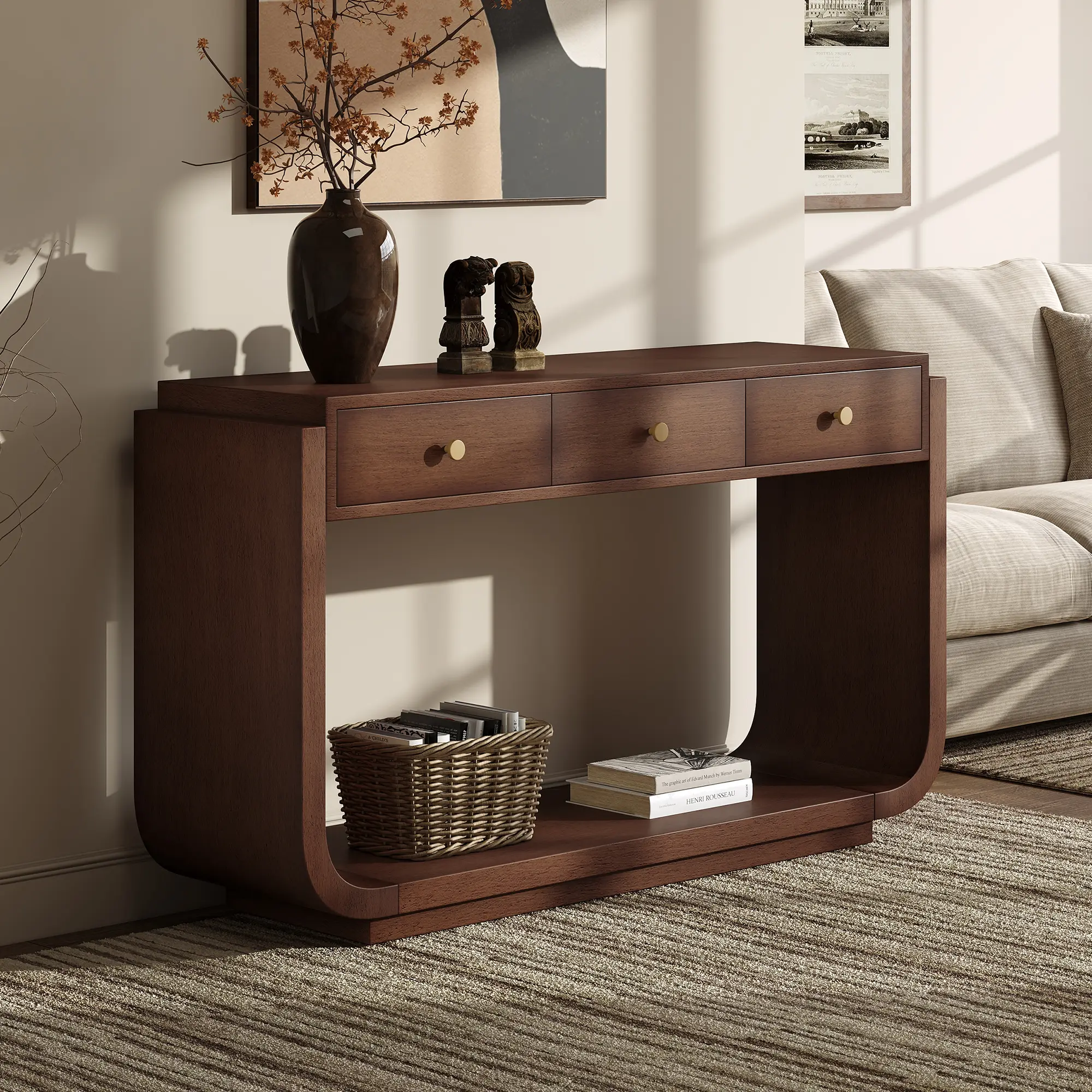 55" Walnut Console Table with 3 Storage Drawers, Bottom Shelf and Curved Sides, YATU Living