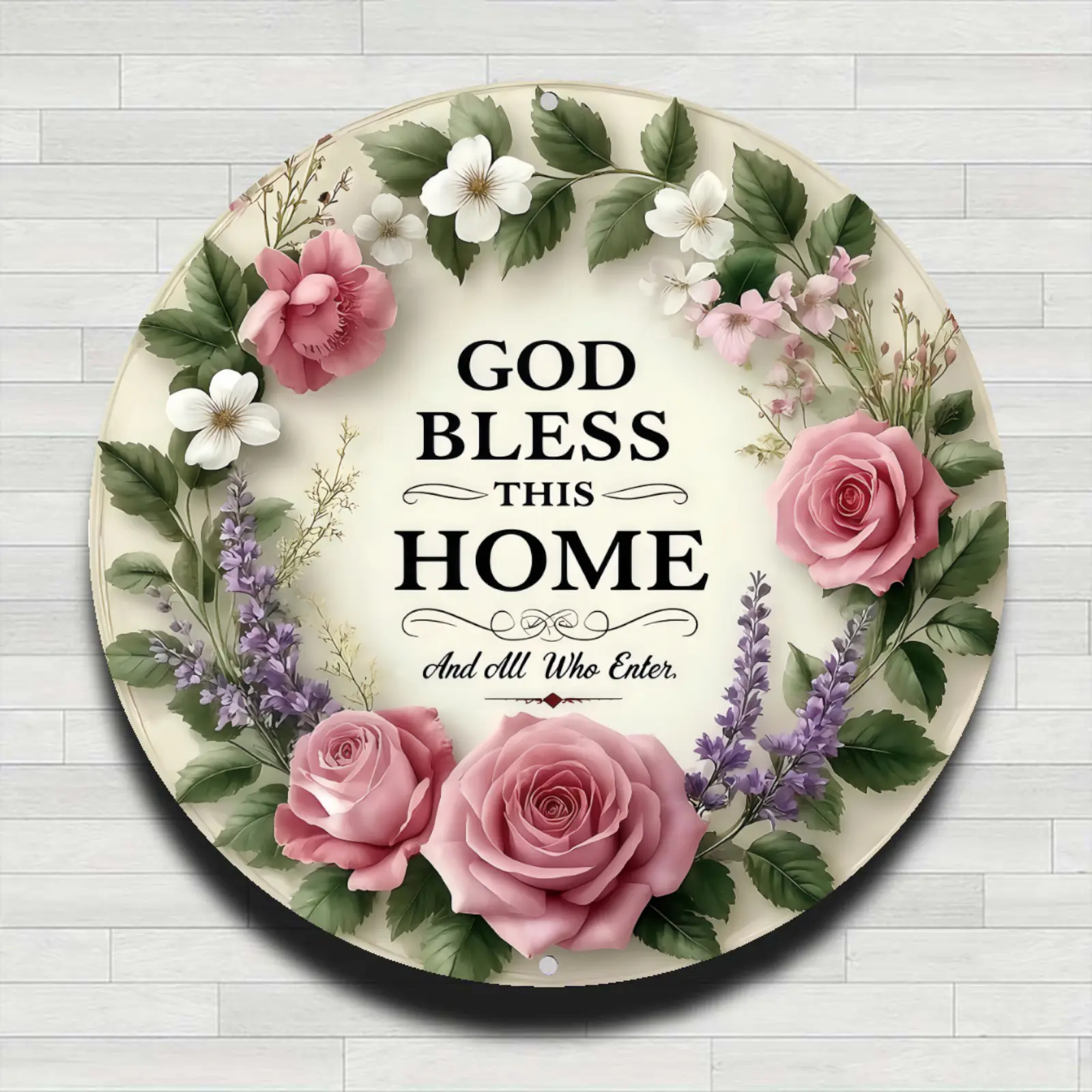 8in Round Waterproof Metal Sign - God Bless This Home Floral Wreath Plaque with Pink Rose, Lavender, White Blossom Flowers, Vintage Distressed Aluminum, Farmhouse Christian Front Door Decor Gift, Gifts