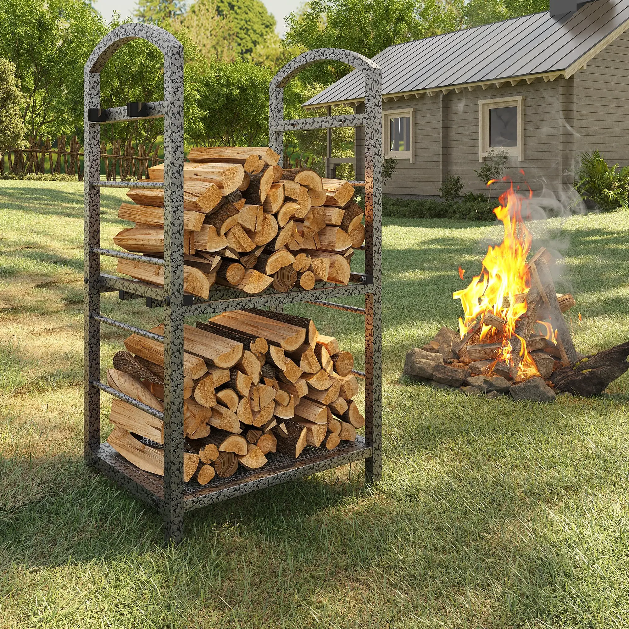 30 Inch Metal Firewood Rack for Indoor & Outdoor Use, Heavy Duty Log Storage Holder with Kindling Hooks, Large Firewood Storage Organizer for Fireplace