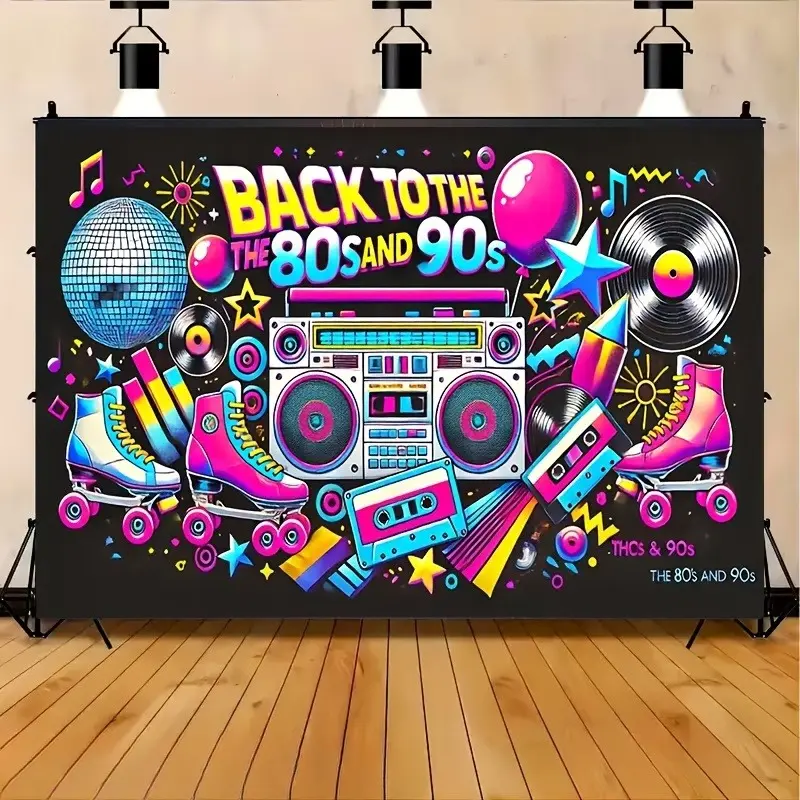 Vintage 80s-90s Lightweight Polyester Tapestry, Neon Speaker-Roller Skate Party Backdrop for Nostalgic Events, Photo Booths, Retro Home Decor