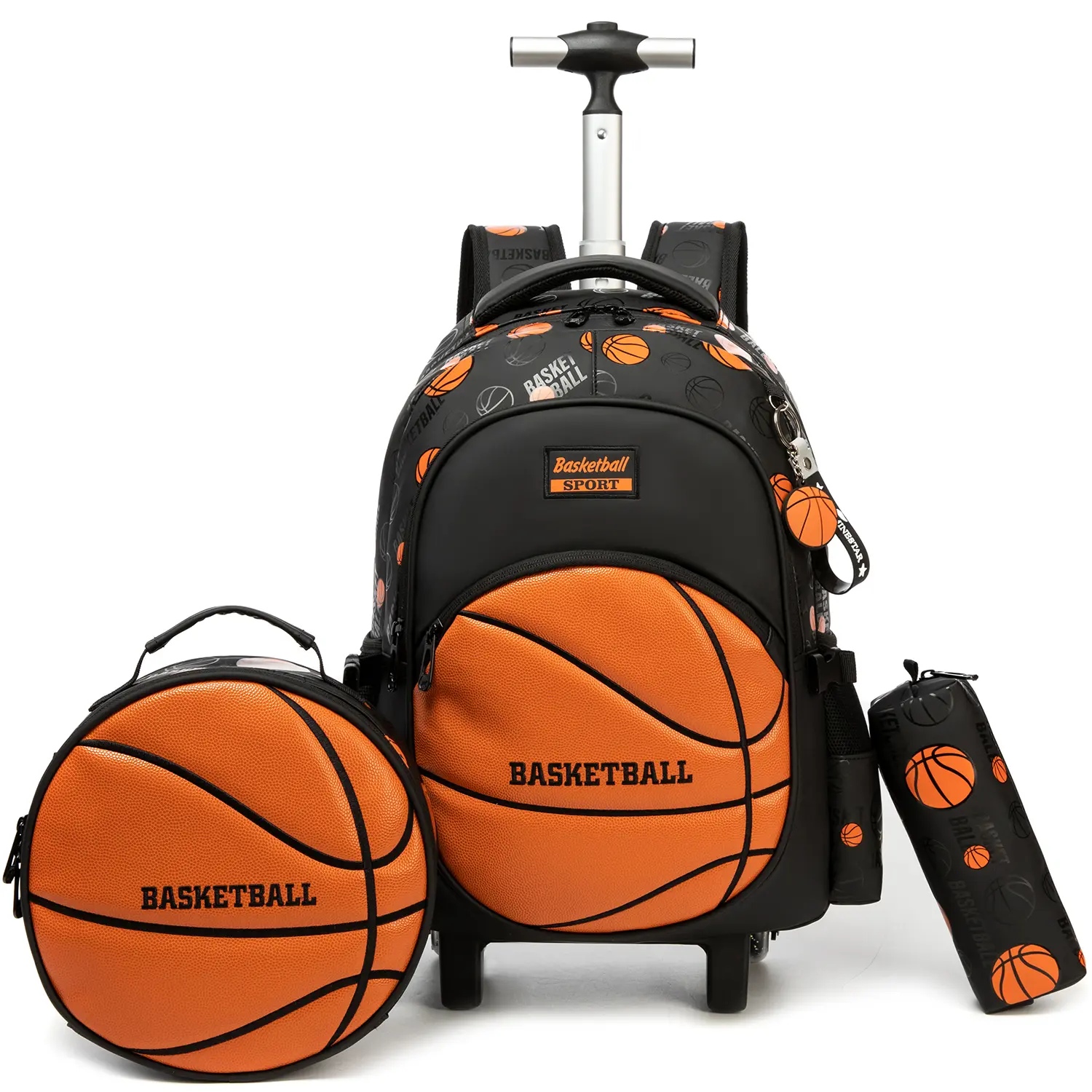 Boys' 3-Piece Preppy Polyester Sports Basketball Rolling Backpack Set, Adjustable Wheeled Trolley Schoolbag with 3D Embossed Texture, Printed Round Crossbody Lunch Bag & Pencil Case for Teen Boys