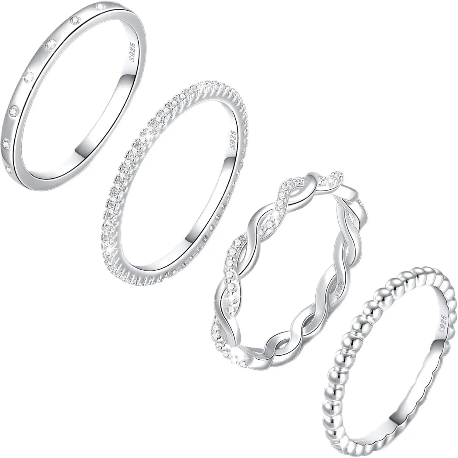 Sterling Silver Ring for Women, 4PCS Thin Stackable Rings Cubic Zirconia Thumb Ring Set Engagement Statement Wedding Bands for Women Size 5-10