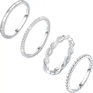 Sterling Silver Ring for Women, 4PCS Thin Stackable Rings Cubic Zirconia Thumb Ring Set Engagement Statement Wedding Bands for Women Size 5-10