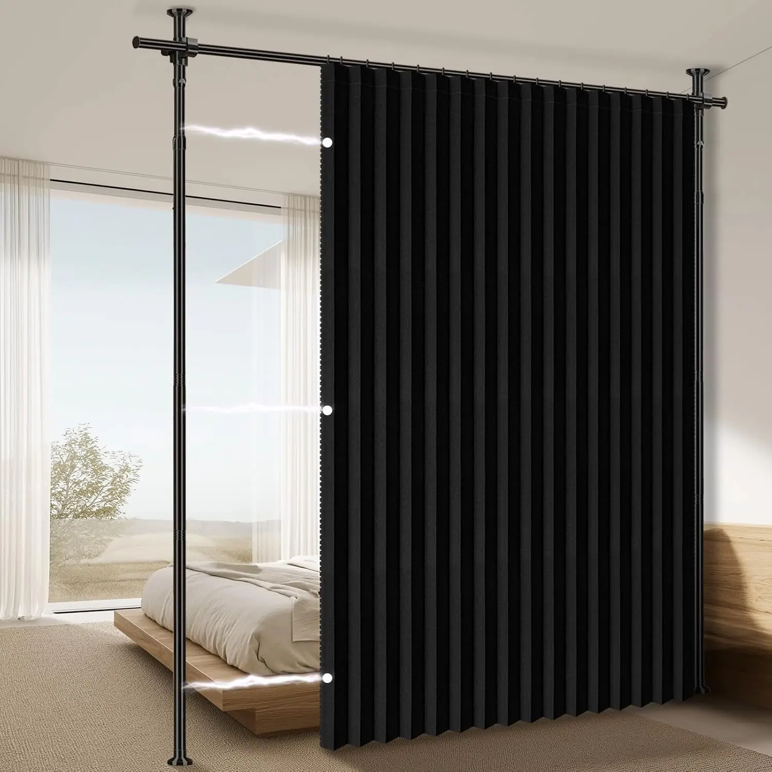 Blackout Room Divider Curtains Sets Black 1 Panel W100 x L84in No Drill Curtain Rods(H) 43-120×(W) 35-100 in for Bedroom  Partition Separator