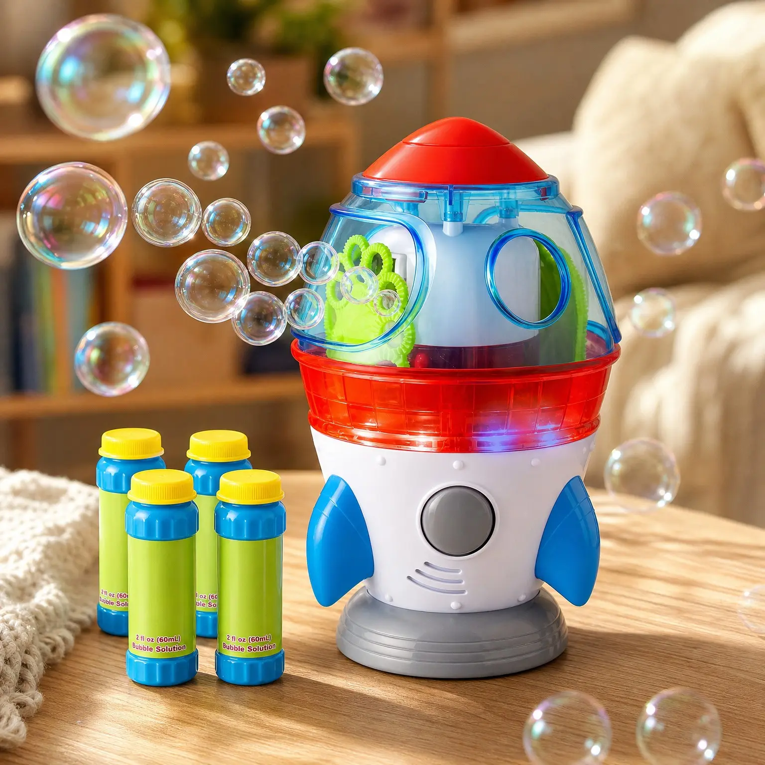 Rocket-Shaped Bubble Machine for Kids & Pets with Dual Bubble Outlets, 360° Auto Rotation, Adjustable LED Lights & Music for Indoor/Outdoor Birthday Parties