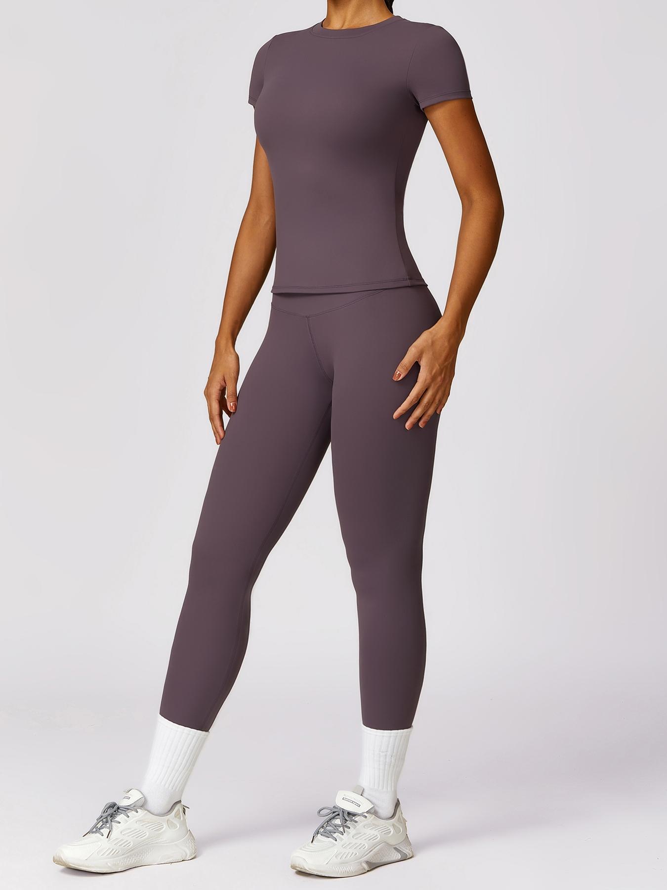 Women's Solid Round Neck Tee & High Waist Leggings Sportswear Set, Breathable Quick Drying Short Sleeve T-shirt & Skinny Pants, Ladies Sportswear for Indoor Outdoor Wear