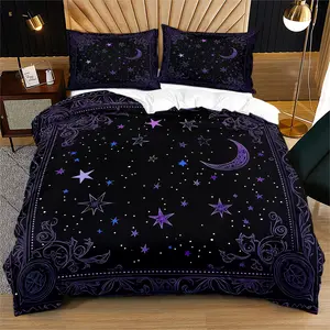 Purple Star Moon Printed Duvet Cover Set, 1 Duvet Cover & 1/2 Pillowcase No Filling, Soft Breathable Mystic Astrology Bedding Set for Women Teens Adults Bedroom Aesthetic Home Decor, All Season