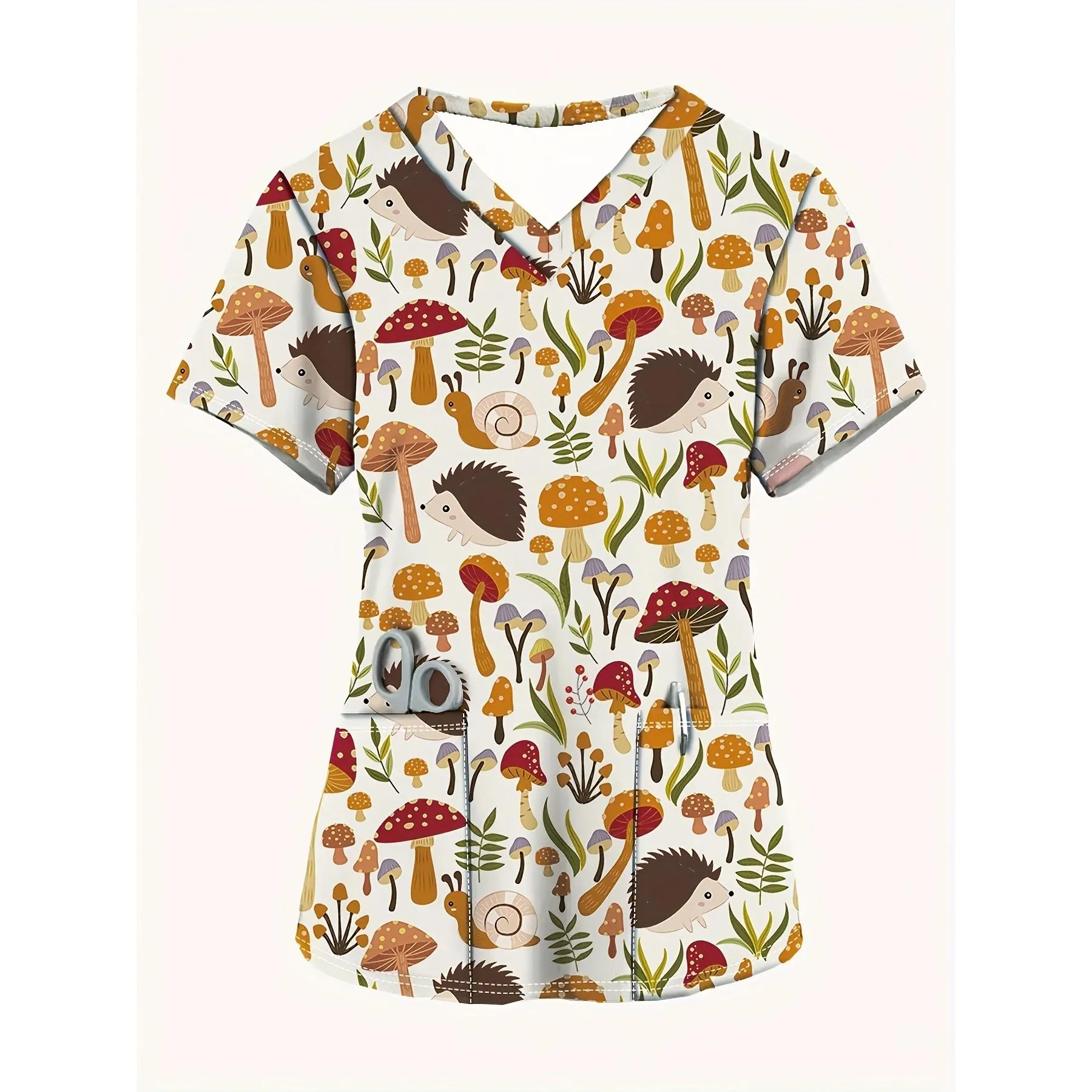 Women'S Stylish Short-Sleeve V-Neck Top Featuring a Cute Hedgehog And Mushroom Print, Perfect for Casual Comfort As a Nurse Uniform with Pockets