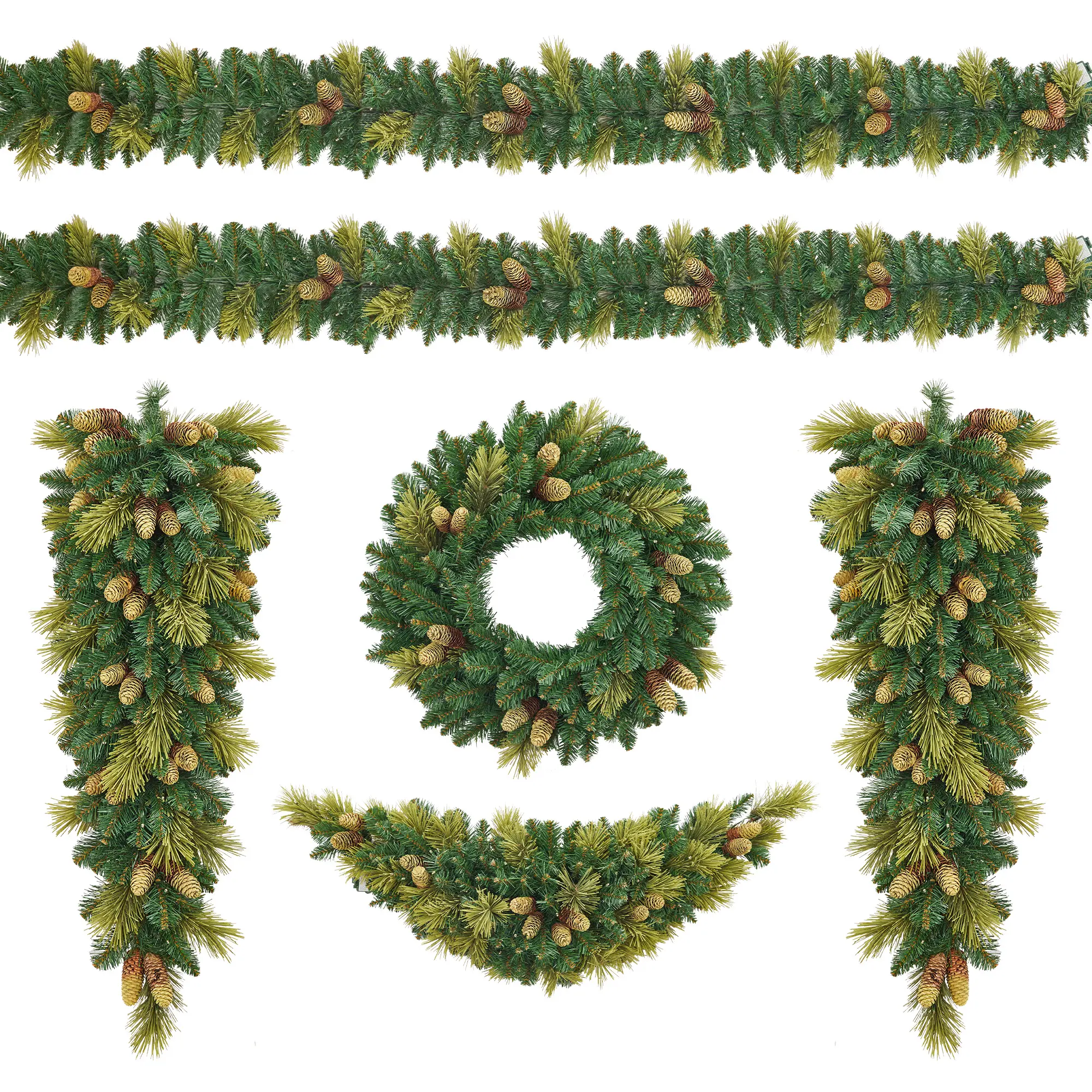 6-Piece Pre-Lit Flocked Christmas Decor Set, Battery Operated LED. Includes Wreath, Door Swag, Garlands, Teardrops. Snowy Pinecone Design. For Indoor, Covered Outdoor, Mantel, Entryway. Easy Install Holiday Decoration