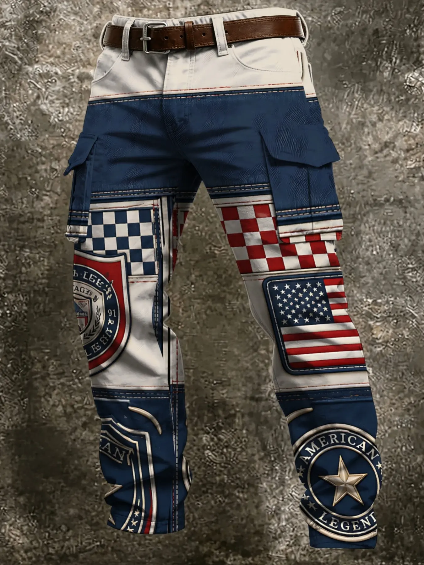 American Vintage Patchwork Workwear Pants, Flip-Top Large Side Pockets, Full Flag Grid Shield Badge Print, Motorcycle Style Long Trousers