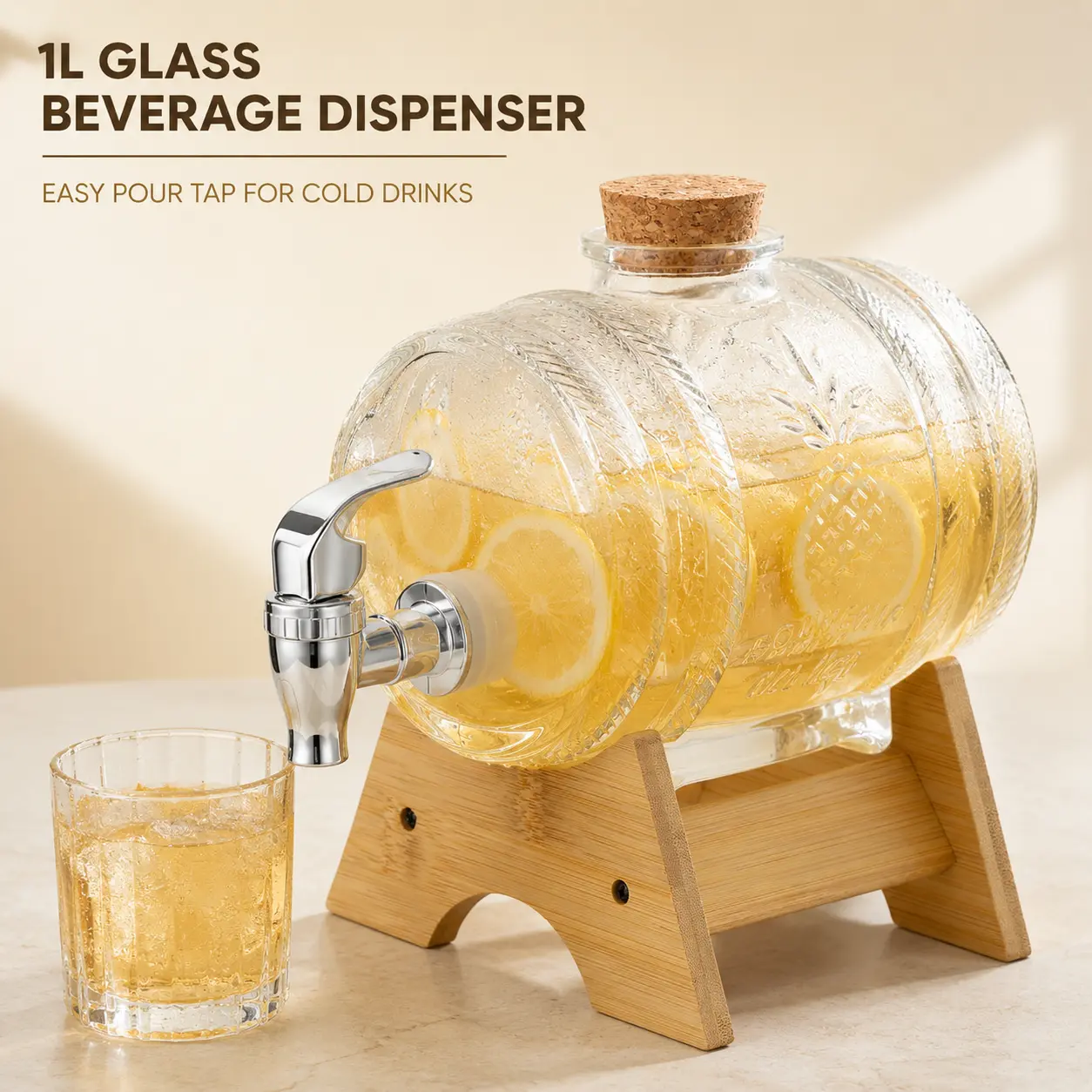 MIUVA Drink Dispensers for Parties  1L 33.82 fl oz Glass Beverage Dispenser with Tap Clear Drink Server with Cork Lid Wooden Base for Cold Drinks Juice Tea Lemonade Home Bar Kitchen
