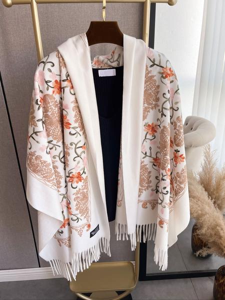Boho Style Plant Embroidery Double Sided Scarf, Casual Soft Warm Fringe Trim Floral Embroidered Shawl for Women & Men, Fashion Accessories for Daily Wear