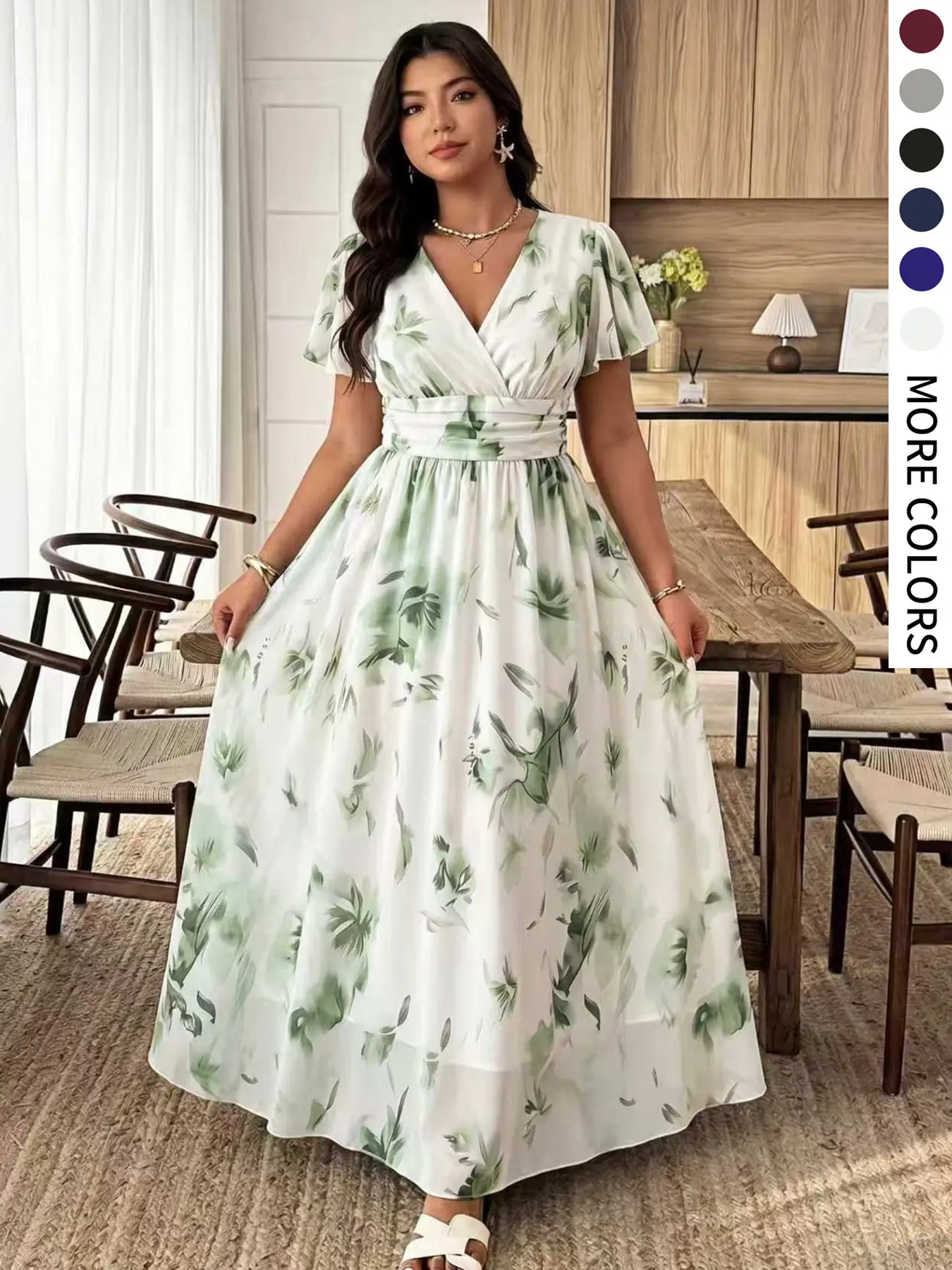 Plus Size Elegant Feminine Floral A-Line Dress, Ruffle Short Sleeves, Lightweight Flowy Skirt, Perfect for Parties, Dates, Weddings