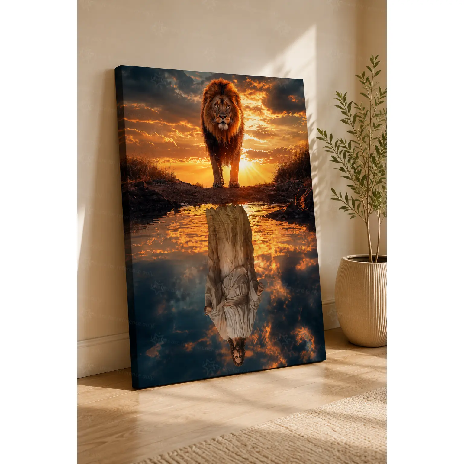 Lion with Reflection, Faith, Sunset, Wilderness Wall Art Canvas Poster, Golden Hour Spiritual Wild Animal Decorative Poster Prints, Bedroom Living Room Warm Faith Wall Decor, Available as Unframed Canvas Poster or Framed Canvas Wrap