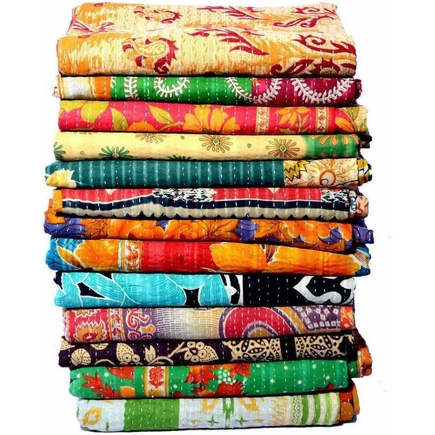 Indian Handmade Vintage Kantha Quilt - Tribal Cotton Rectangular Bed Cover with Flower-Patterned Assorted Sari Patches, Reversible 52x80" Blanket for Sofas (1Pcs), Flowers, Throw