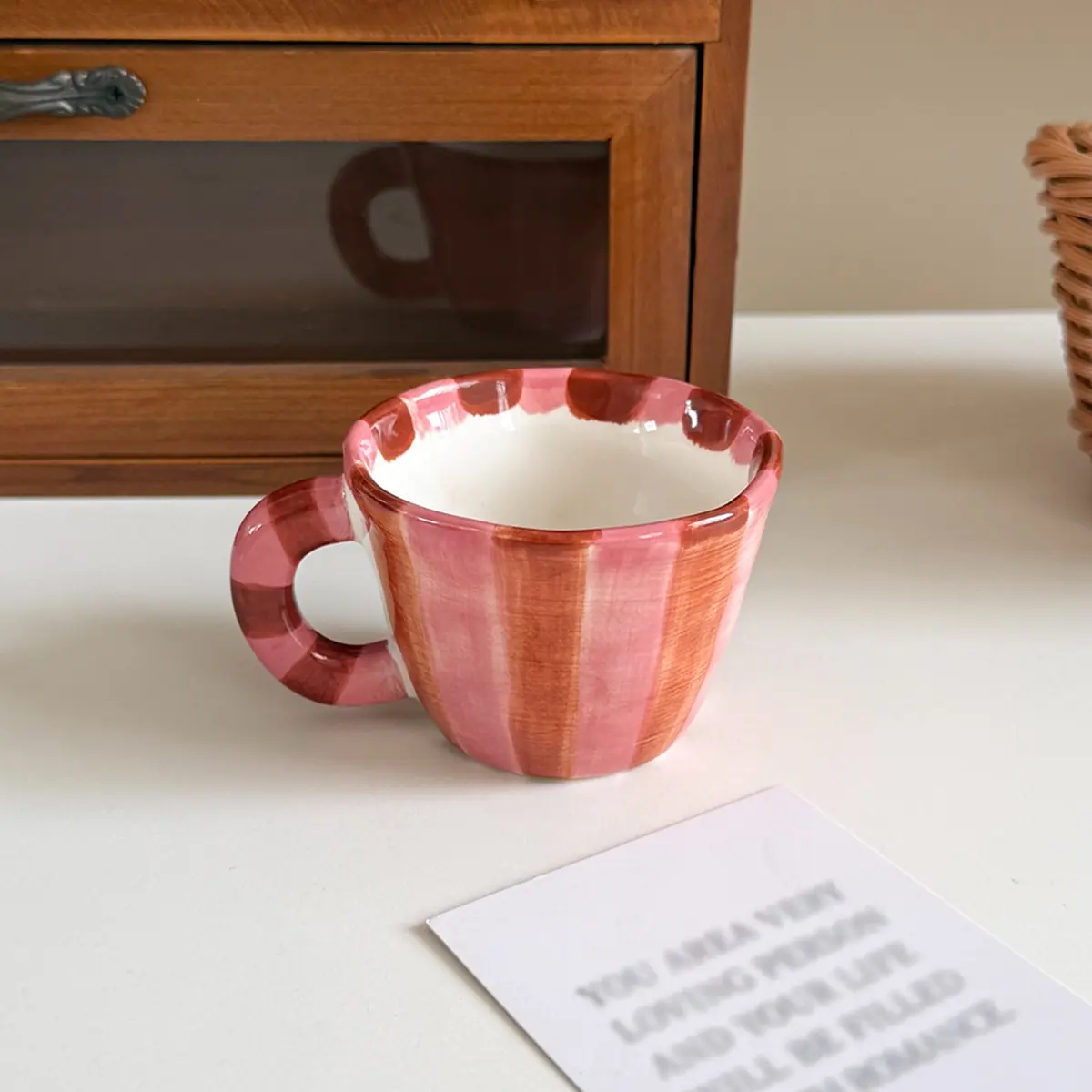 1pc Hand-painted striped espresso cup, Drinkware cup, Ceramic beverage cup, ceramic teacup with rose pattern, small capacity, suitable for home décor, ideal for afternoon tea