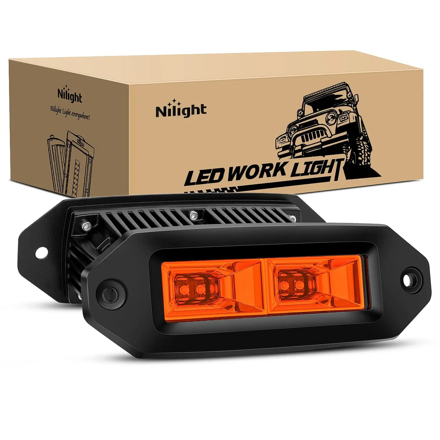 Nilight 7-in Amber Flood LED Offroad Light Bars & Work Lights (Pair) - 40W Power, IP67 Waterproof, Flush Mount, Vehicle Exterior Use for Jeeps, Pick-Up, Front/Rear Bumper Installation