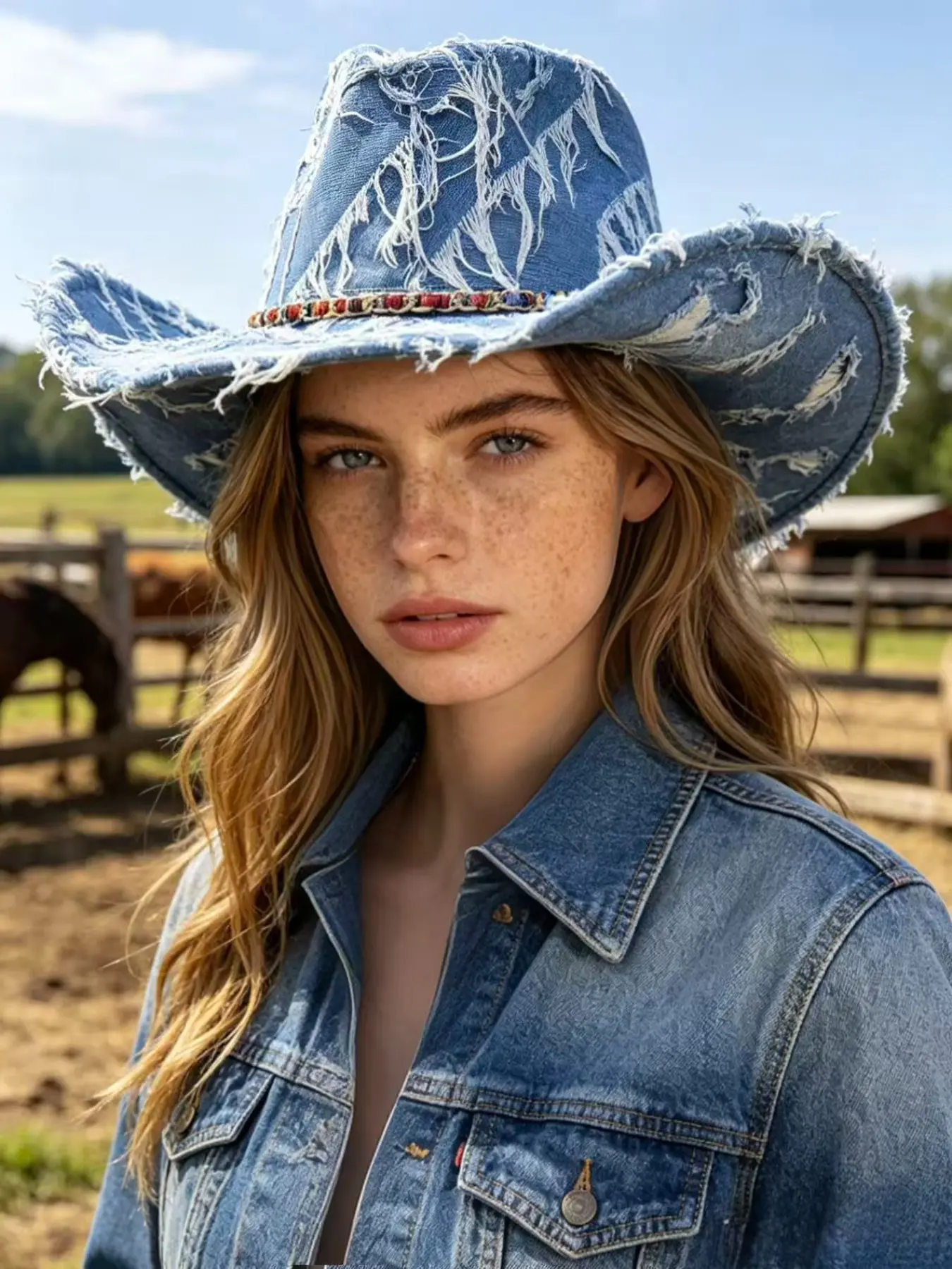 Distressed Fringe Denim Western Cowboy Hat, Cowgirl Hat, Ethnic Colorful Bead Ornament, Windproof Chin Strap, UV Sun Protection Cap, Streetwear Fashion