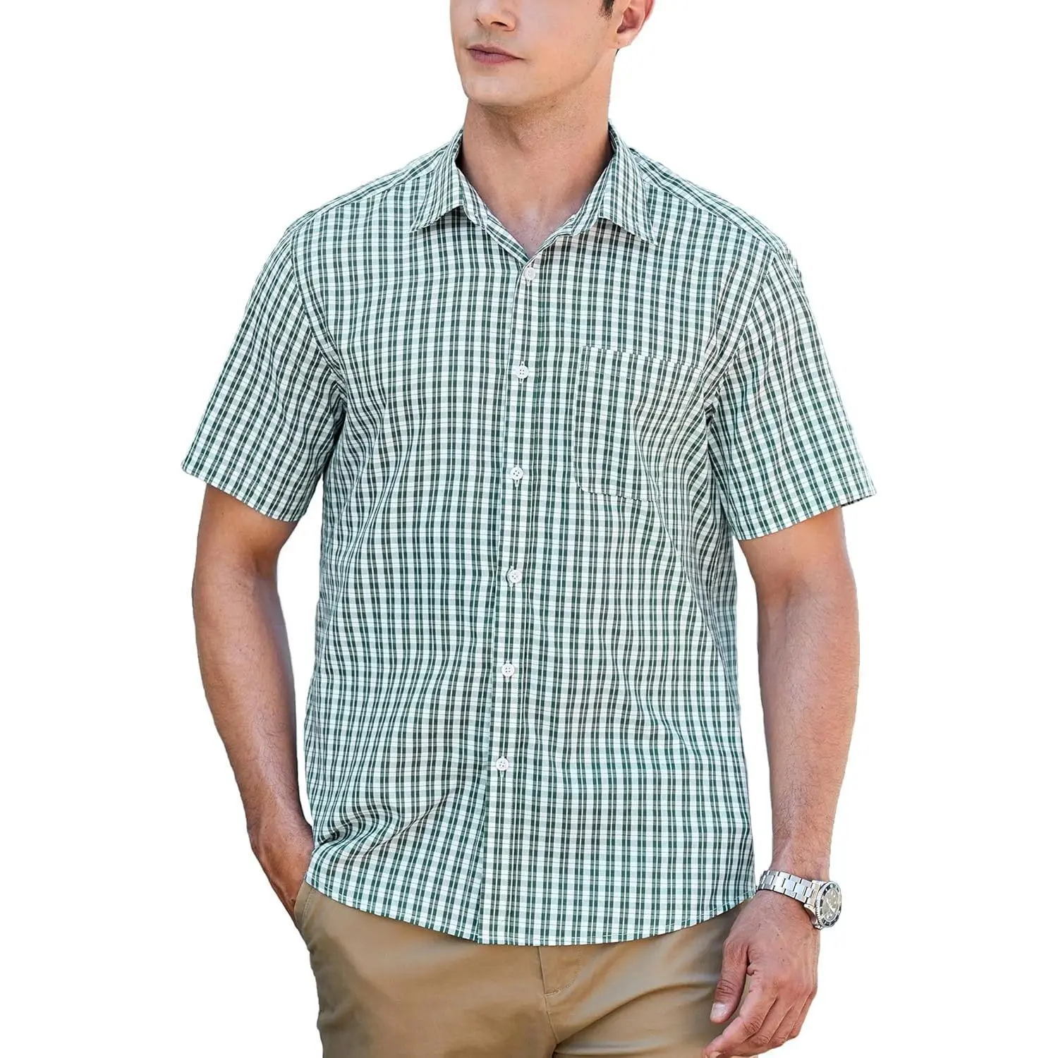 HISDERN Plaid Shirts for Men Short Sleeve Button Down Shirt Casual Formal Business Gingham Shirts with Pocket Regular Fit