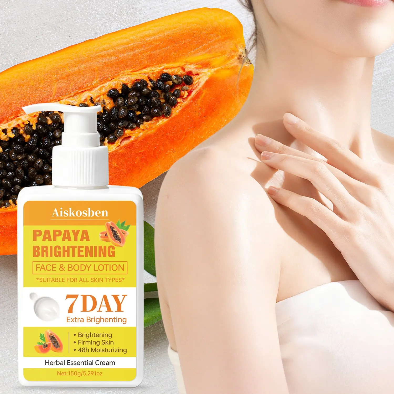 Papaya Brightening Body Lotion, Herbal Essence Moisturizing Lotion, Papaya Honey Extract, Improves Rough Skin, Smooth Even Tone, 150g