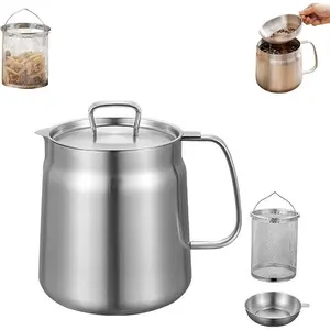 2-in-1 304 Stainless Steel Multifunctional Oil Strainer Pot, Large Capacity Versatile Oil Filter Vessel with Fry Basket, Bacon Grease Container with Strainer Stainless for Kitchen