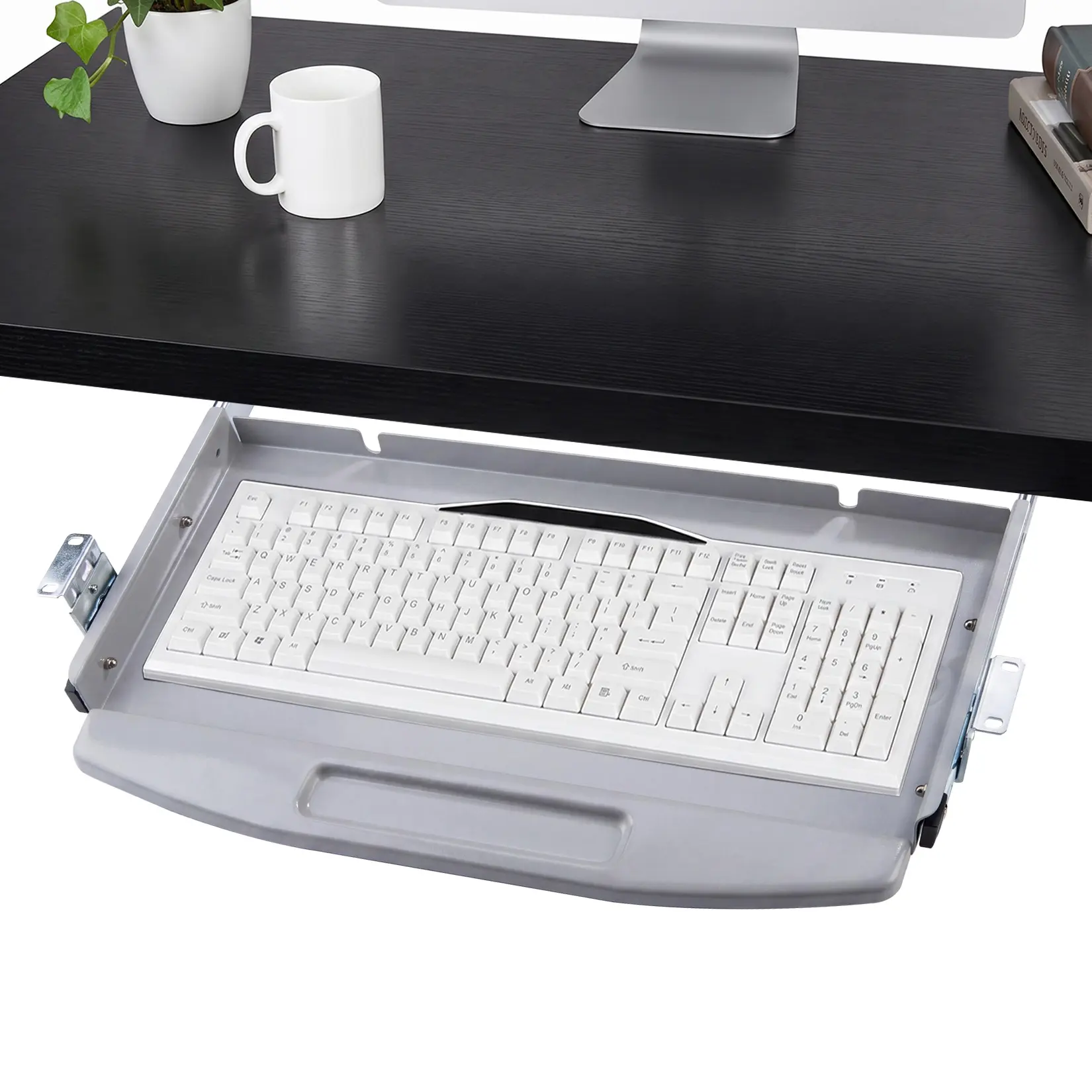 Slide-Out Under Desk Keyboard Tray – 19" Metal Pull-Out Platform for Office Desks Over 22" Wide – Space-Saving Desktop Organizer, No Mouse Platform, Gray
