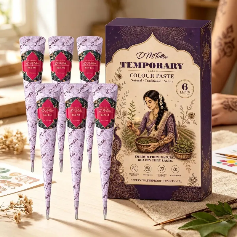 Multiple colors availableDM 6-Piece Herbal Henna Temporary Tattoo Paste Complete Gift Set, Mild Plant-based Formula with Smooth Paste for Easy Coloring, Waterproof & Sweat-proof, Fades Naturally with Skin Metabolism,