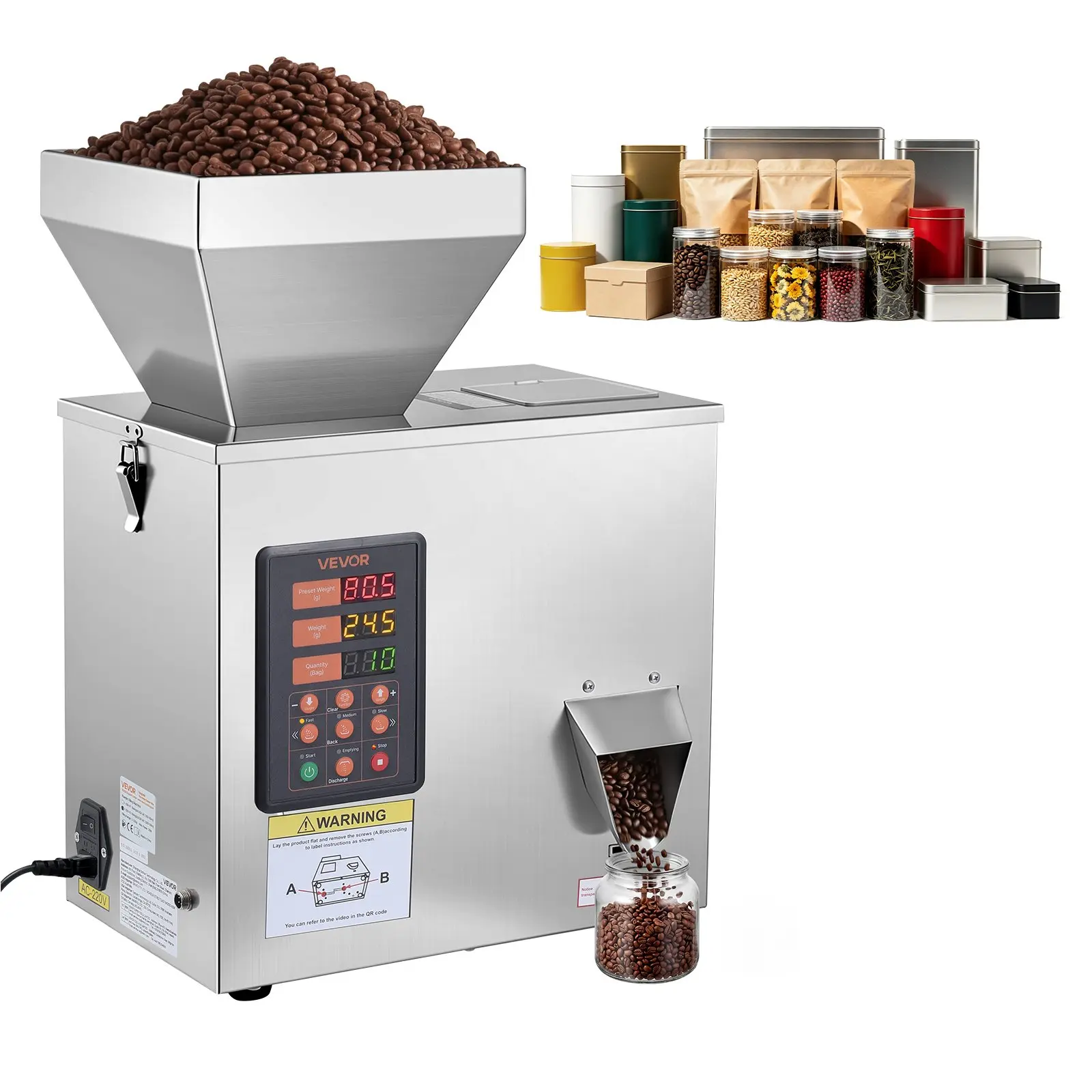 VEVOR Powder Filling Machine, 1-99.9g (0.002-0.22lbs) Automatic Particle Dispenser, High Accuracy, Stainless Steel, Intelligent Weighing Dispensing Filler for Coffee Beans, Grains, Tea, Spices, Silver