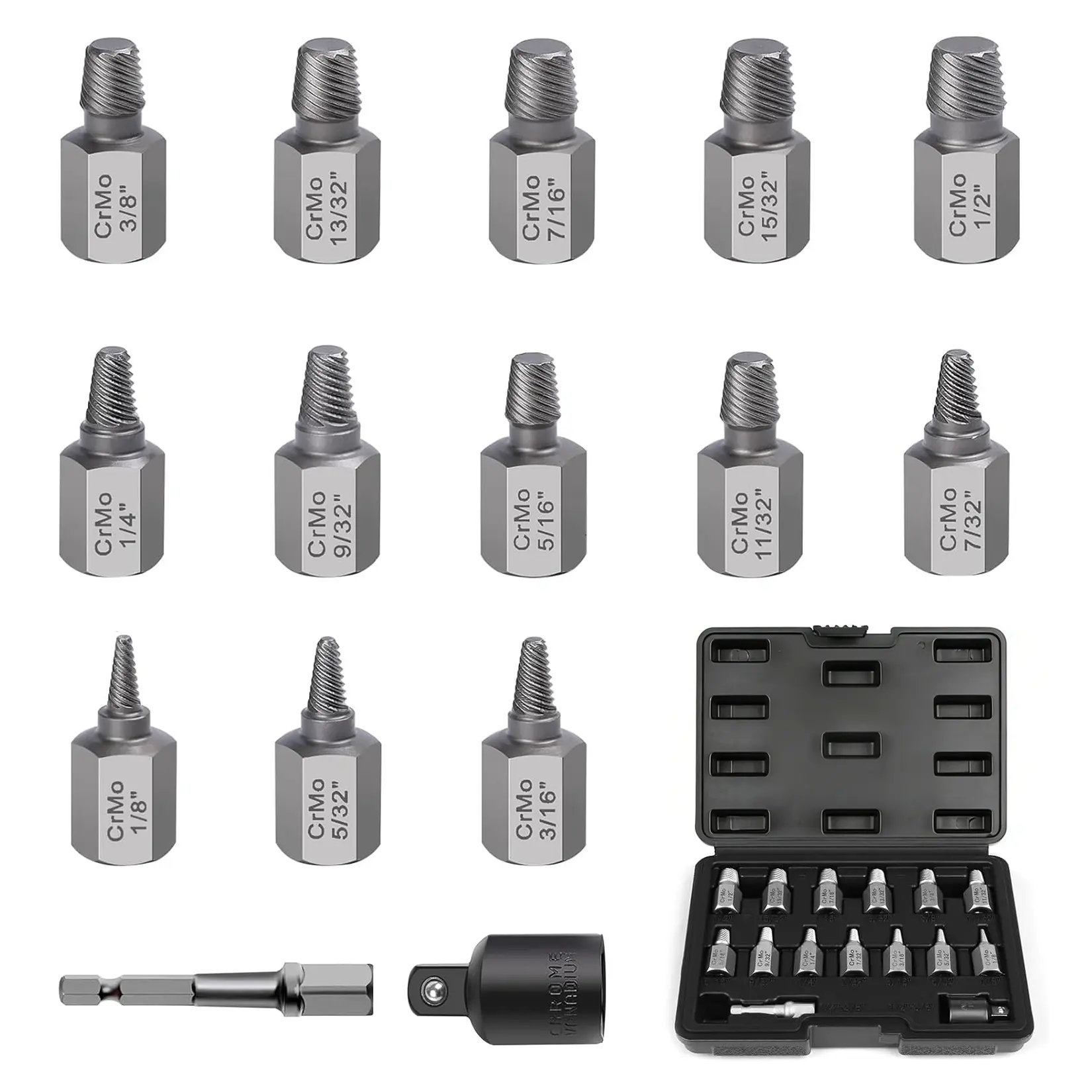 🔧 15-Piece Heavy Duty Broken Bolt Extractor Set – CR-MO Steel Screw & Bolt Remover for Stripped & Rusted Fasteners – Includes Storage Case