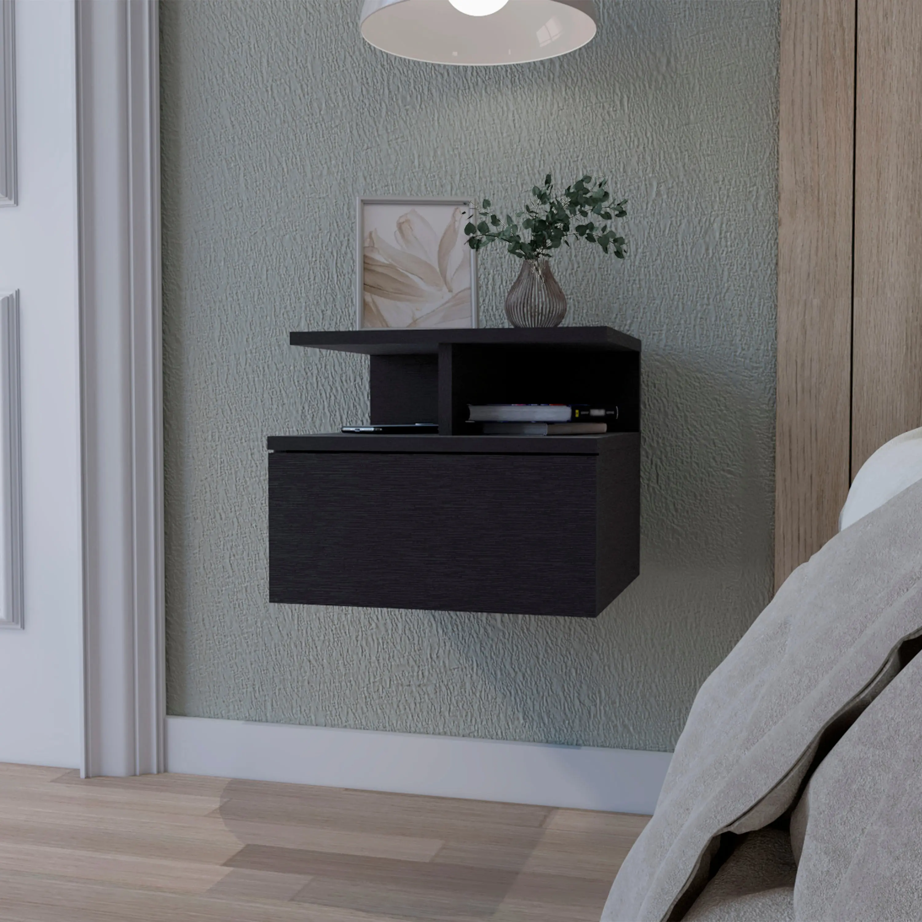 Nokaa Floating Base Nightstand - Wall Mount 2-Tier Shelves & 1-Drawer Engineered Wood Bedside Table for Bedroom, 14"x13" Compact Small Space Storage, Easy Install, 14.02x13.23x11.61in, Black, Wall Mount Shelves