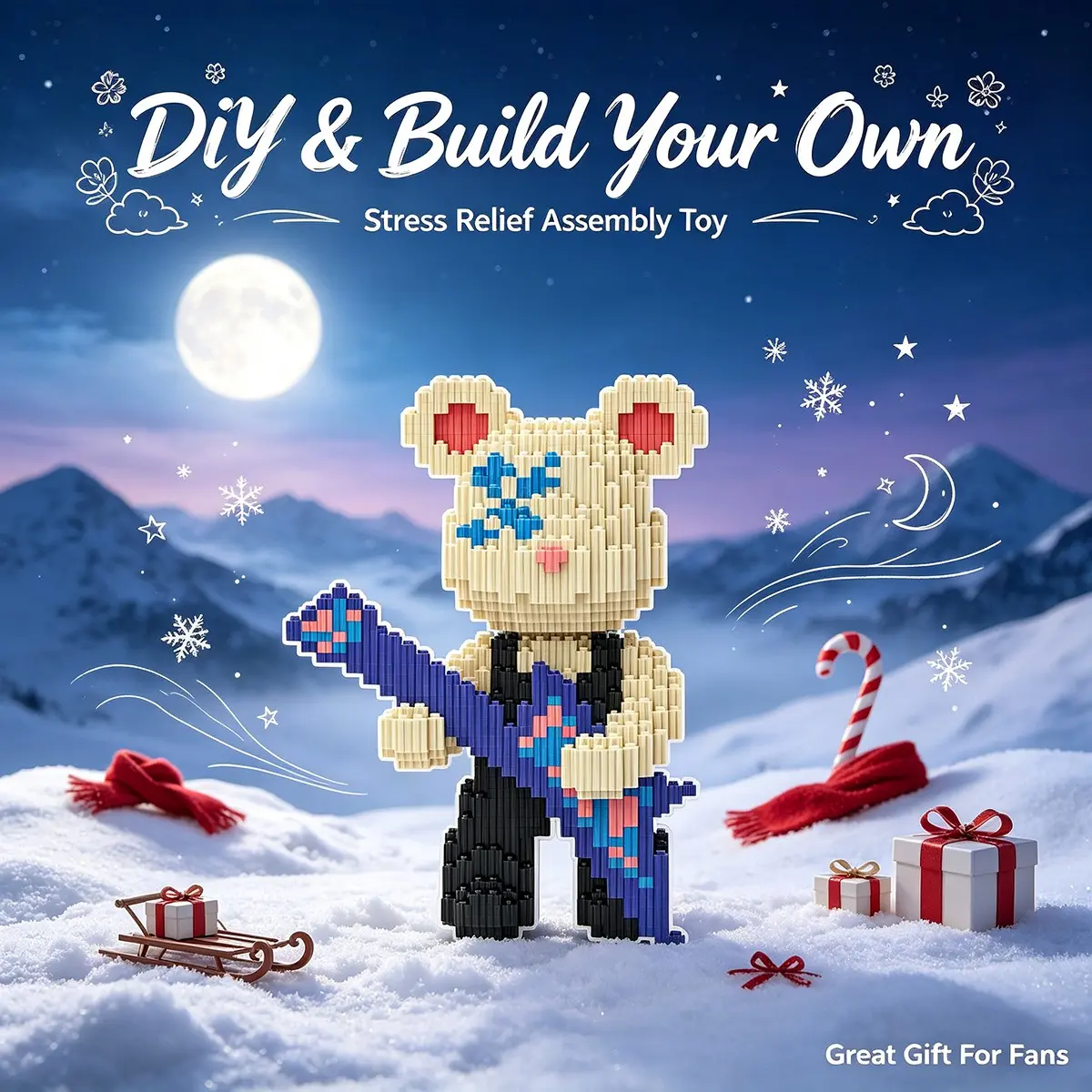 Christmas Snow Mountain Full Moon Guitar Bear 3D Puzzle Block Decor, Ideal Gift for Holidays, Home & Party Decoration, Handmade Craft