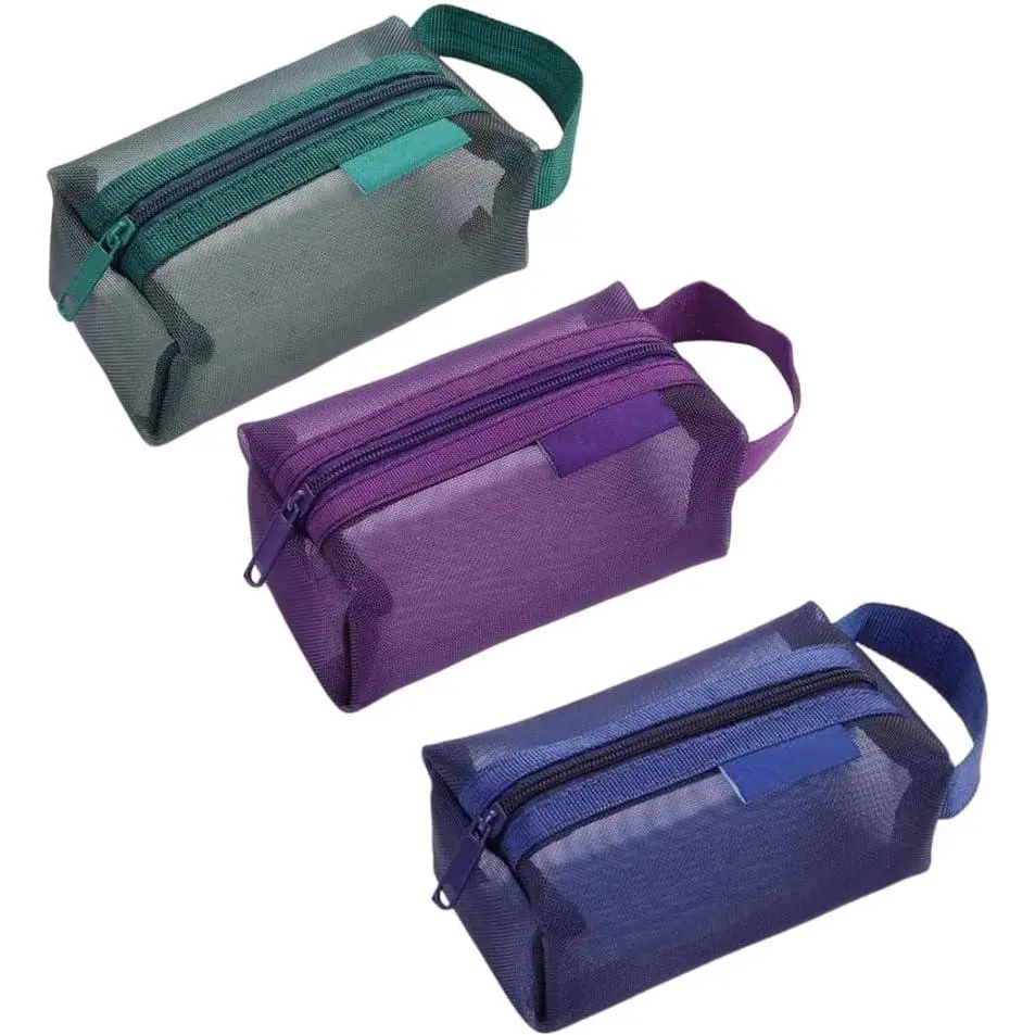 Portable Square Mesh Storage Bag,Zippered Cosmetic Bag,Small Square Mesh Coin Purse Travel Storage Carry Pouch (Green, Purple, Dark Blue)