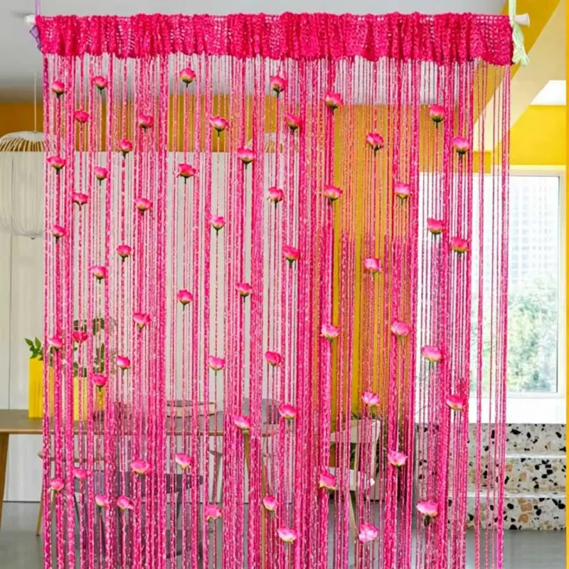 2 Pack Rose Thread Curtain with Silver Wire - Embroidered Flower, Tassel, Curtains Floral Door/Divider Curtain for Home, Wedding, Halloween, Christmas, Valentine's Day, Mother's Day, Birthday, Party Decor Home Decorative Curtain