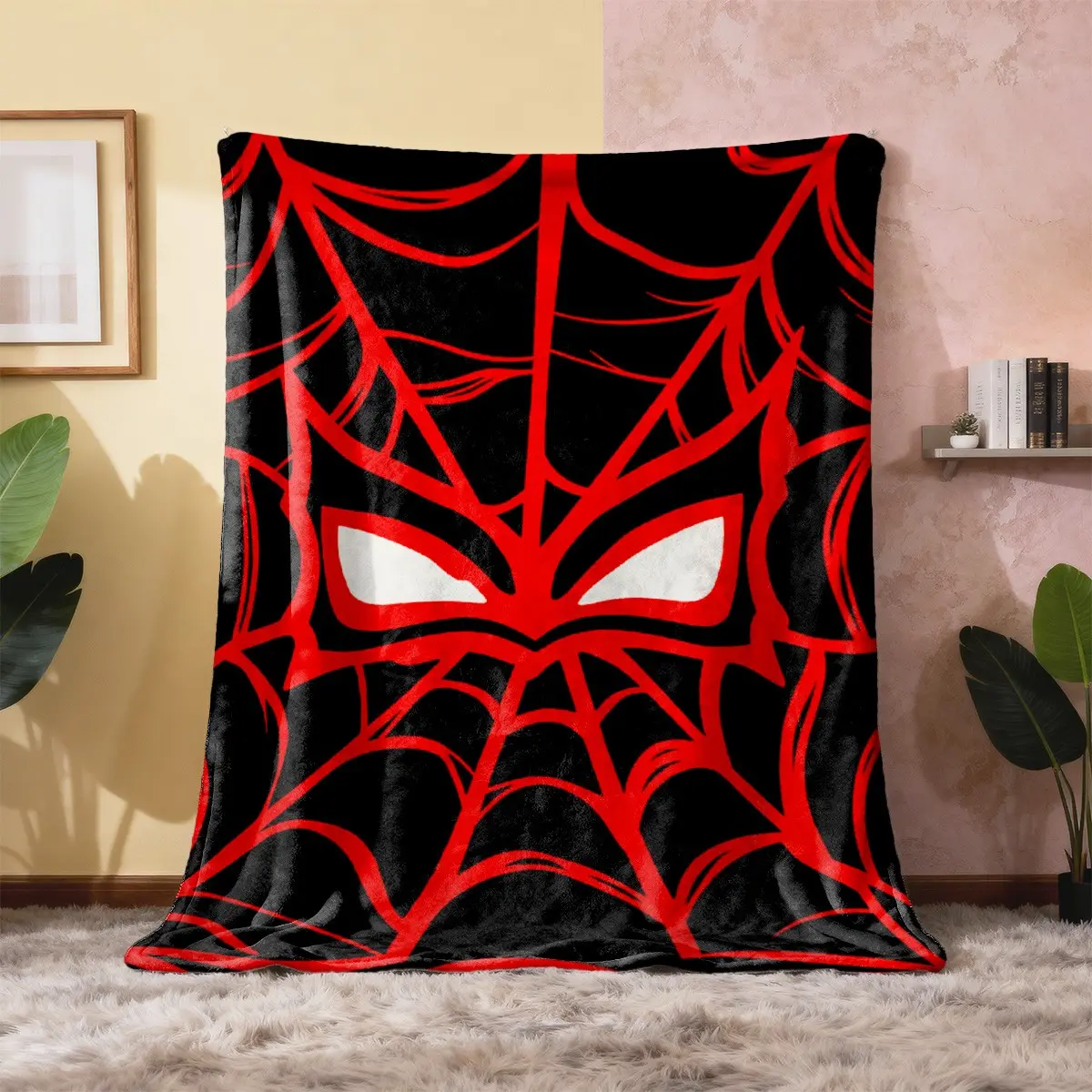 1pc Black Background Red Spider-Man Superhero Flannel Blanket, full printed with solid black base, red spider web lines, Spider-Man mask outline, white pointed eye lenses, thick red contour lines, symmetrical geometric spider web, warm fun style. Soft war