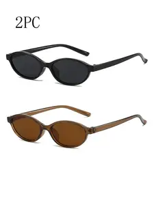 2pc Elliptical Retro Small Frame Street Style Sunglasses for Women, New Fashion High-End Sun Glasses, Stylish and Trendy Eyewear Accessories