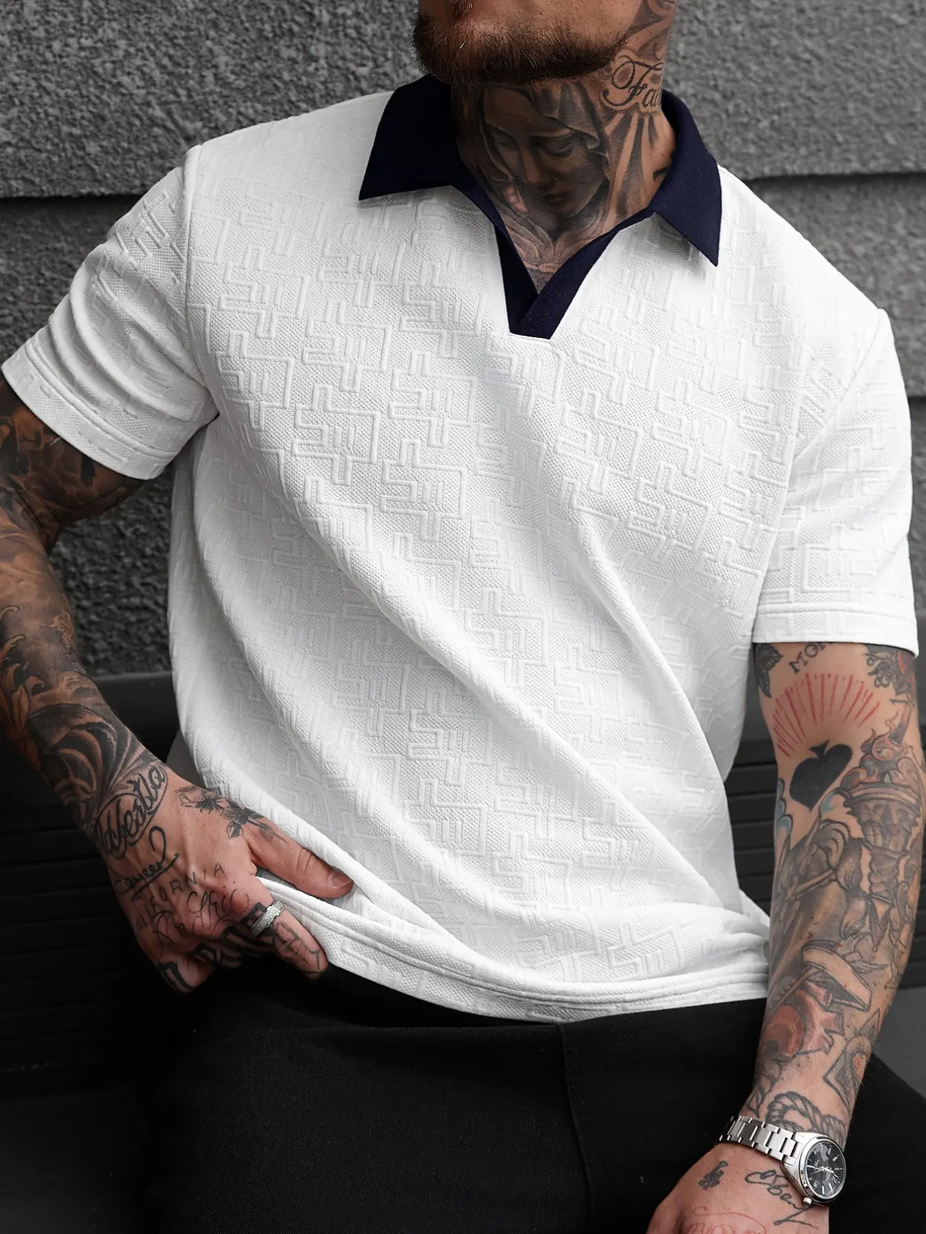 Men's Knitted Texture Jacquard Short Sleeve Polo Shirt, Colorblock Collar Top, Ideal for Daily Casual Business Outing Wear