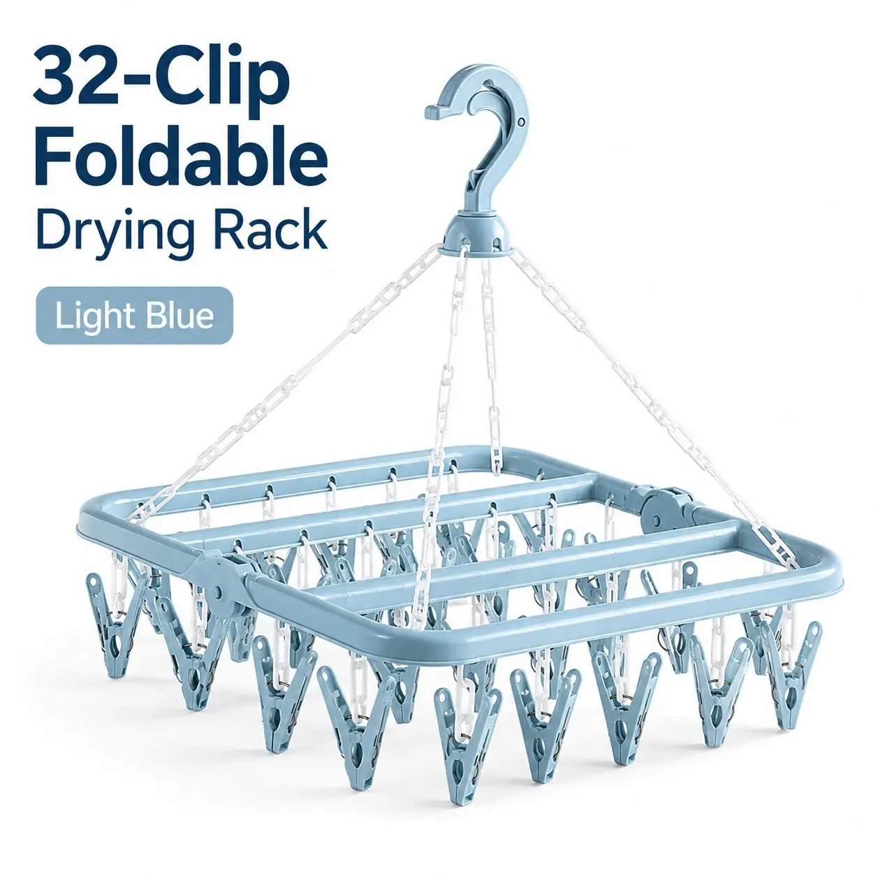 32-Clip Foldable Clothes Drying Hanger, Space-Saving Hanging Laundry Rack with Adjustable Hook & Rust-Resistant Resin Clips for Socks, Underwear, Baby Clothes, Towels & Delicates, Light Blue