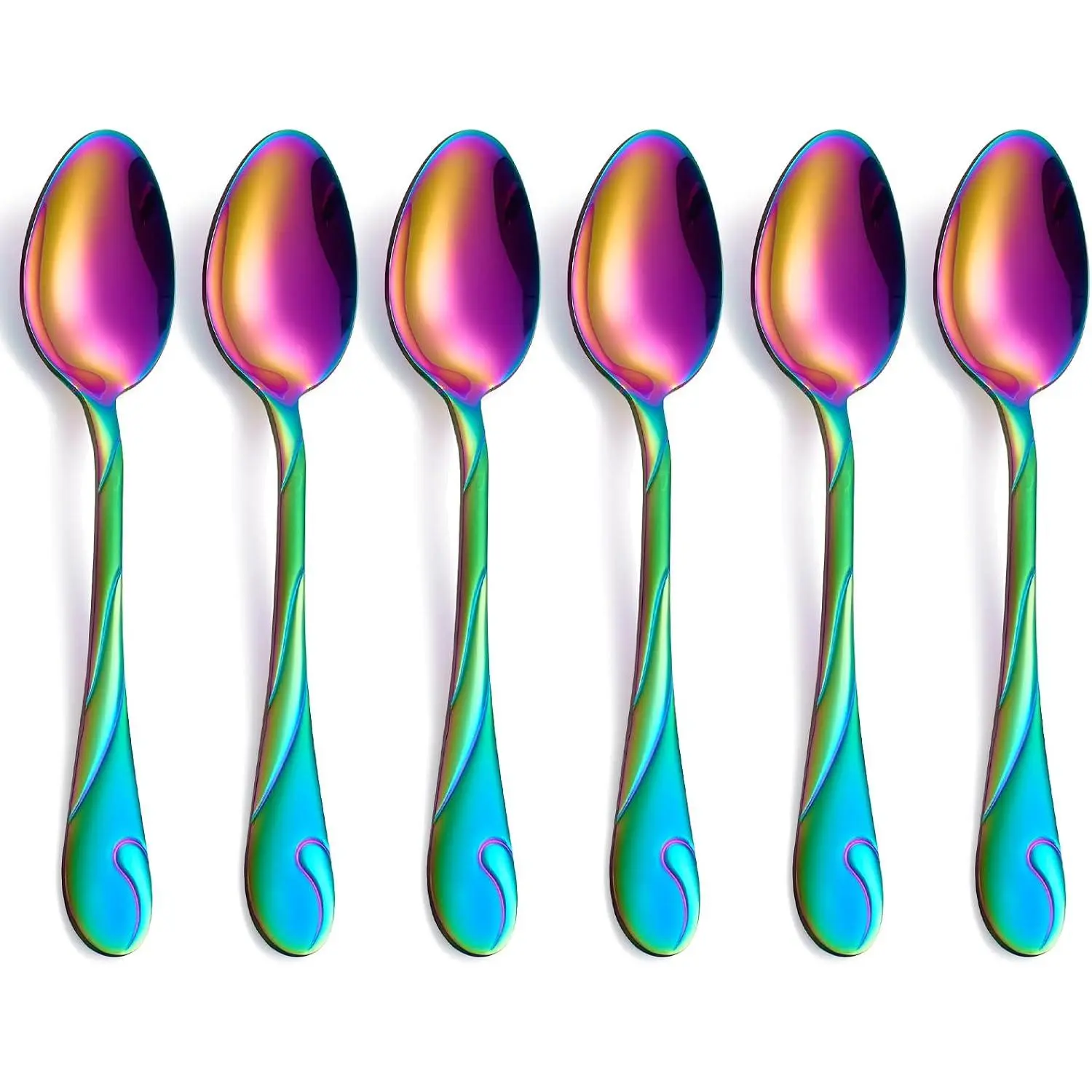 Rainbow Dinner Spoon Set, 7.6-inch Stainless Steel Spoon Silverware, 6- Shiny Rainbow Soup Spoons Table Spoon, Dishwasher Safe, Set of 6