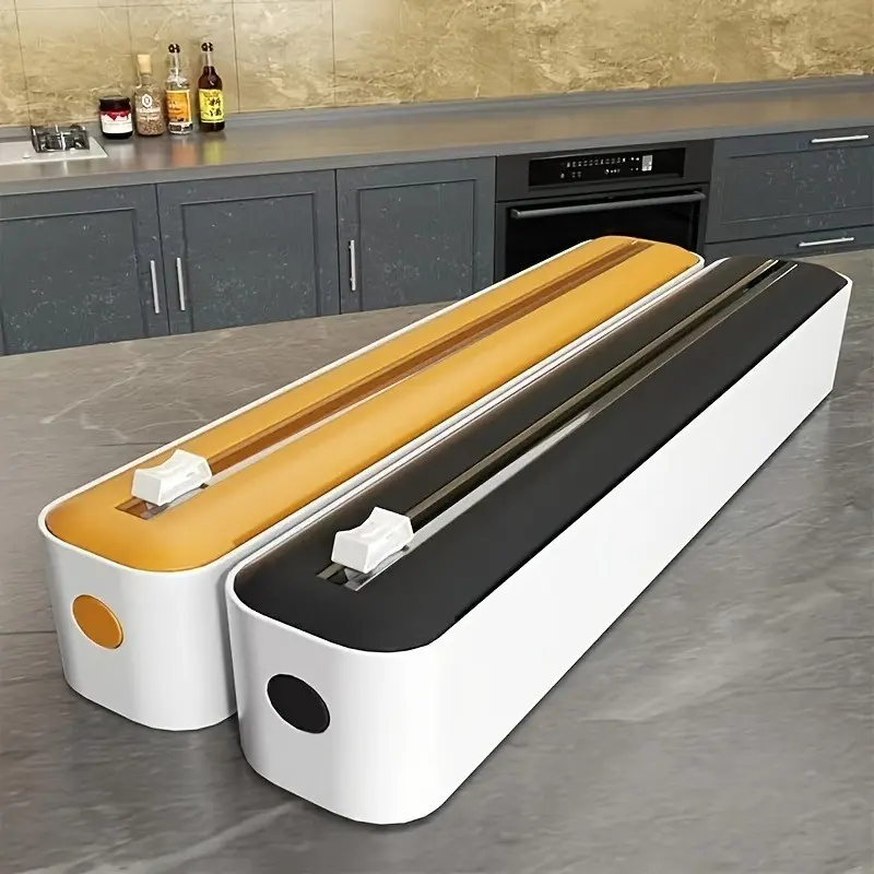 2-in-1 Plastic Wrap & Cling Film Dispenser with Slide Cutter, Heavy Duty Aluminum Foil & Parchment Paper Organizer for Kitchen Countertop, Non-Slip 2-Tier Space Saving Wrap Dispenser Box