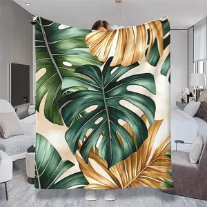 2D Flat Pattern (Non - 3D) Tropical Monstera Leaf Throw Blanket, Lush Green & Golden Beige Seamless Design on Cream Background, Cozy Decorative Small Nap Blanket with Multiple Specs, Ideal for Sofa, Office Desk & Daily Home Use