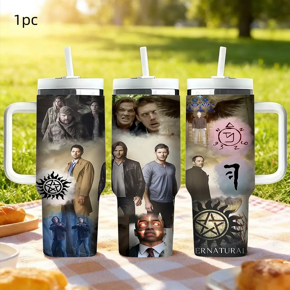 1pc 40oz 1200ml 304 Stainless Steel Handle Tumbler, Supernatural full‑cast character collage poster, pentagram magic sigils & anti‑possession sun symbol, misty vintage‑texture all‑over print, dark‑fantasy TV‑series‑themed large‑capacity portable tumbler